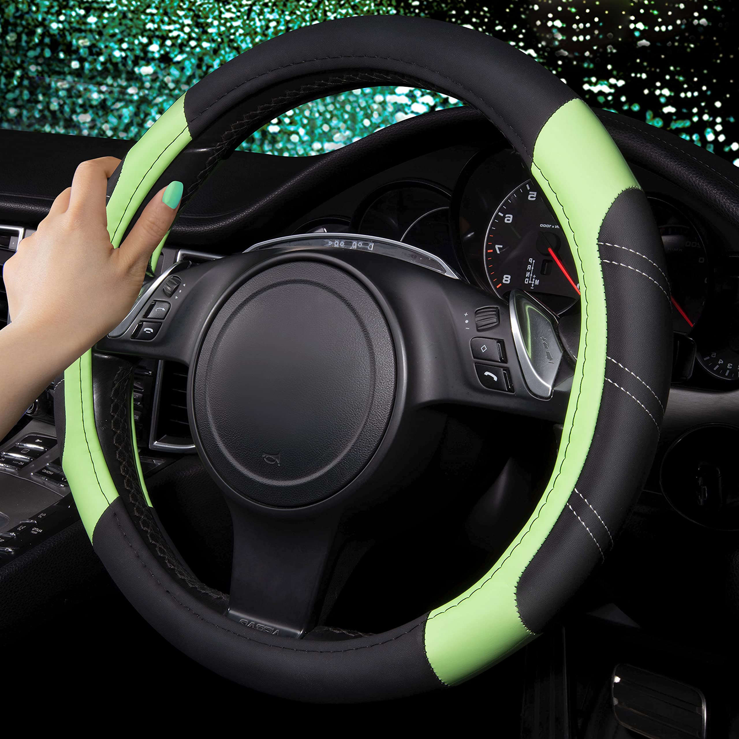 Car Pass Line Rider Microfiber Leather Sporty Steering Wheel Cover Universal Fits For 95% Truck,Suv,Cars 14.5-15Inch, Anti-Slip