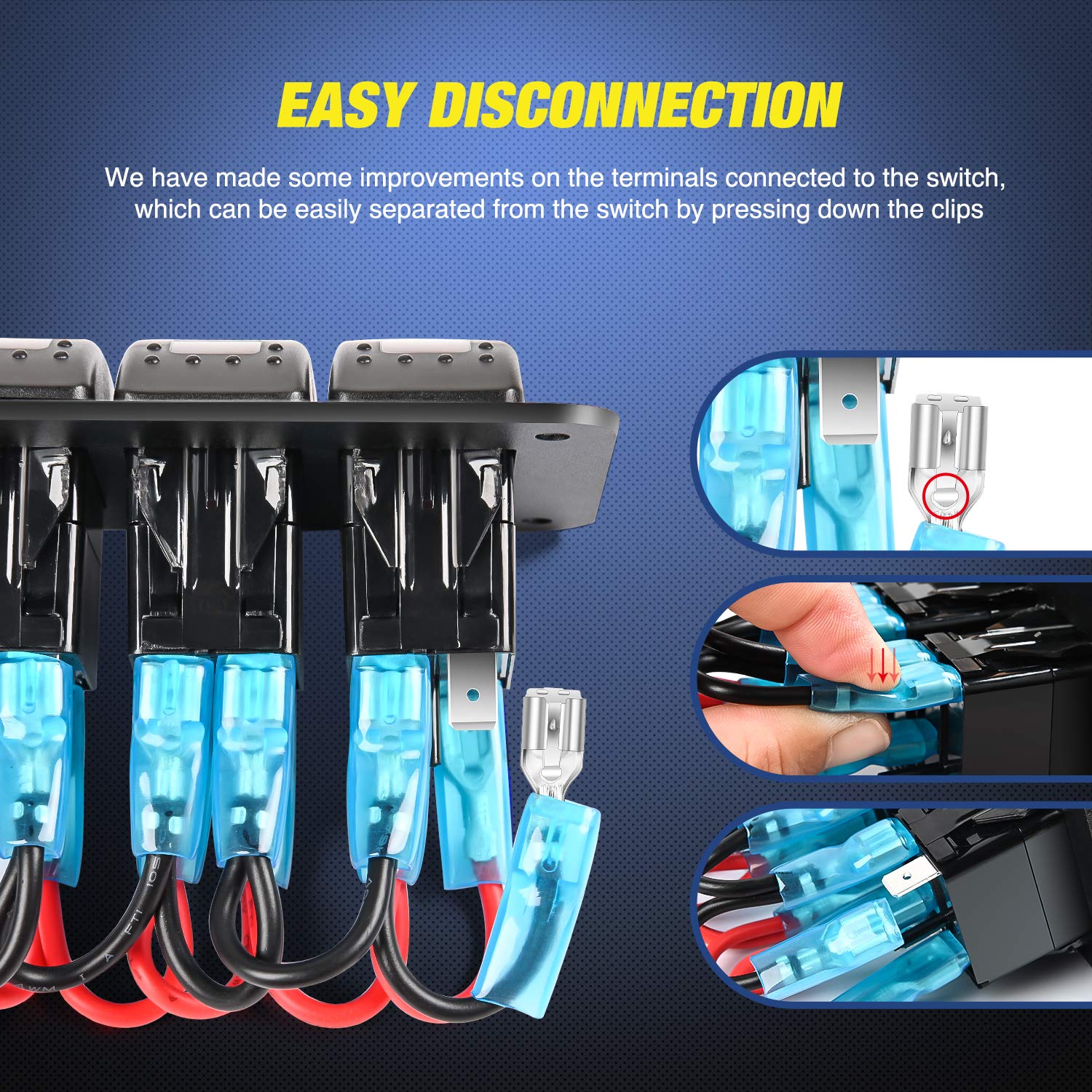 Nilight - 90110E 5 Gang Aluminum Rocker Switch Panel Toggle Dash 5 Pin On/Off Pre-Wired Rocker Switch Blue Backlit Switch For Au