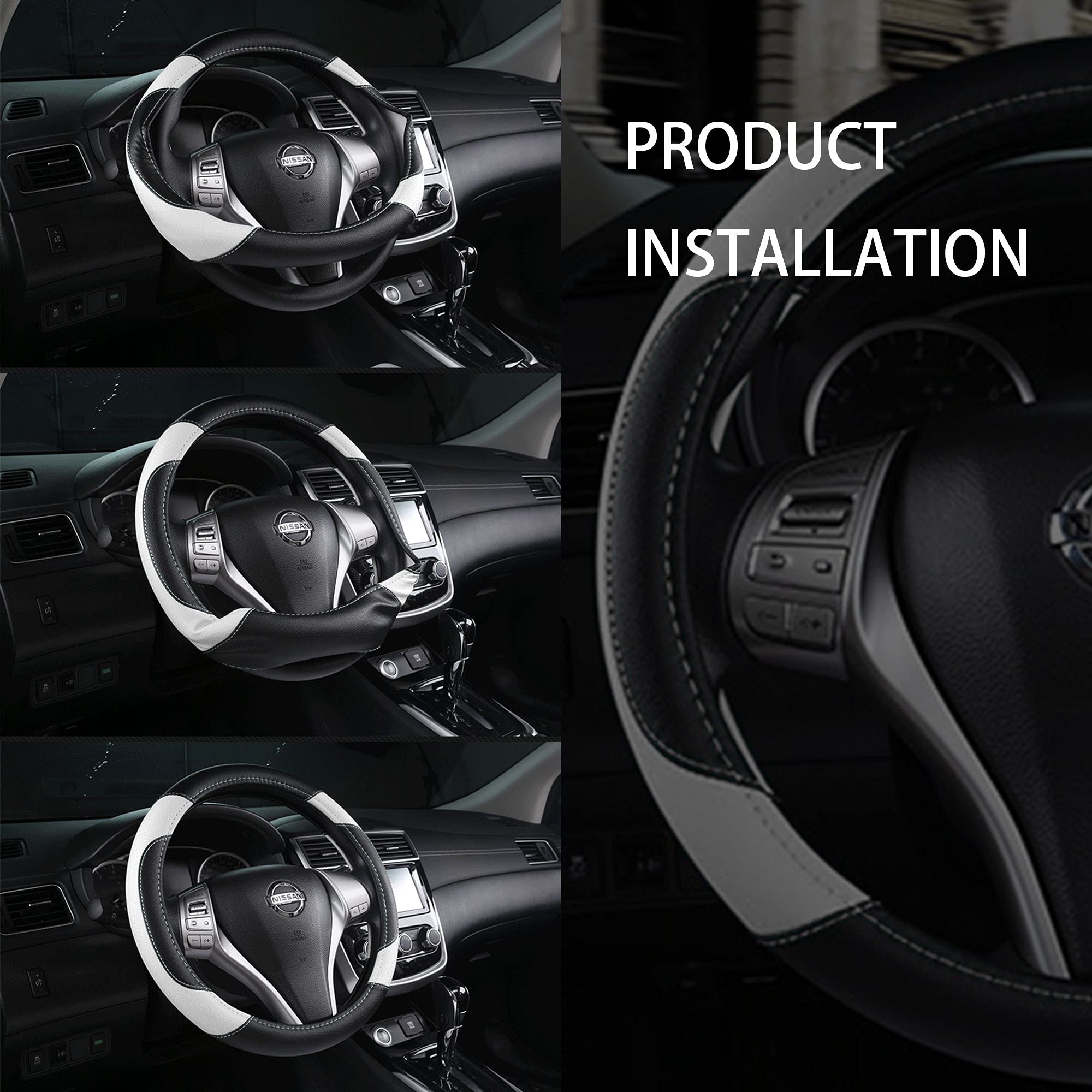 Leather Car Steering Wheel Cover, Non-Slip Car Wheel Cover Protector Breathable Microfiber Leather Universal Fit For Most Cars(W