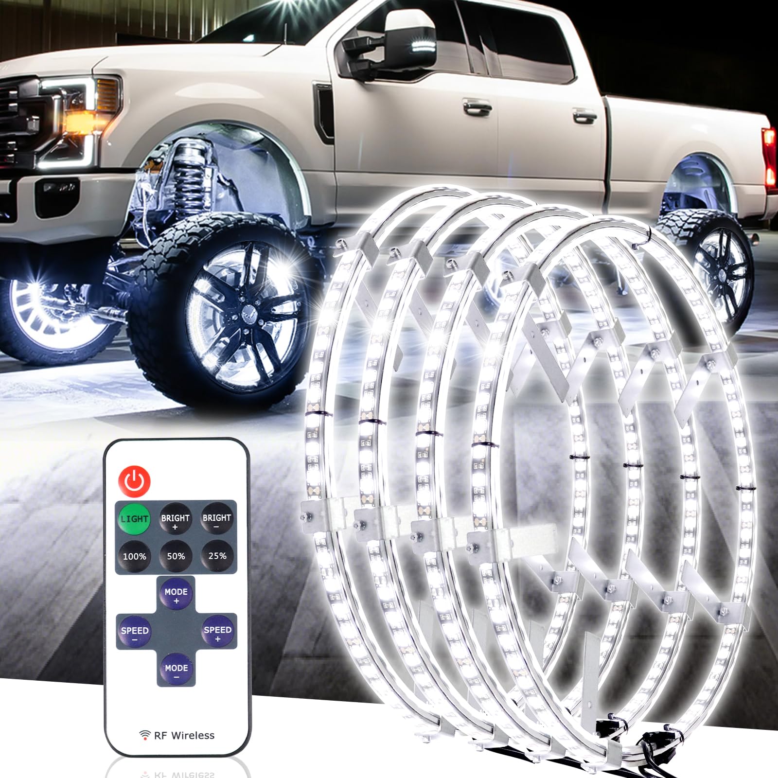 Tavaray 4PCS 17 Super Bright Double Row Pure White Wheel Lights, Remote Control with Flashing Modes, IP67 Waterproof, 6500K LED 