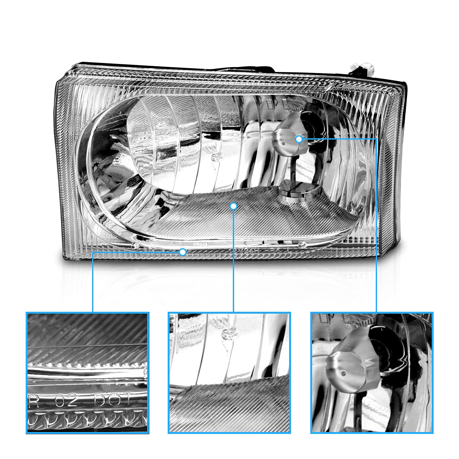 AmeriLite Chrome Headlights for 1999-2004 Ford Super Duty F-250/F-350/F-450/F-550 & Excursion - Driver & Passenger Side Pair