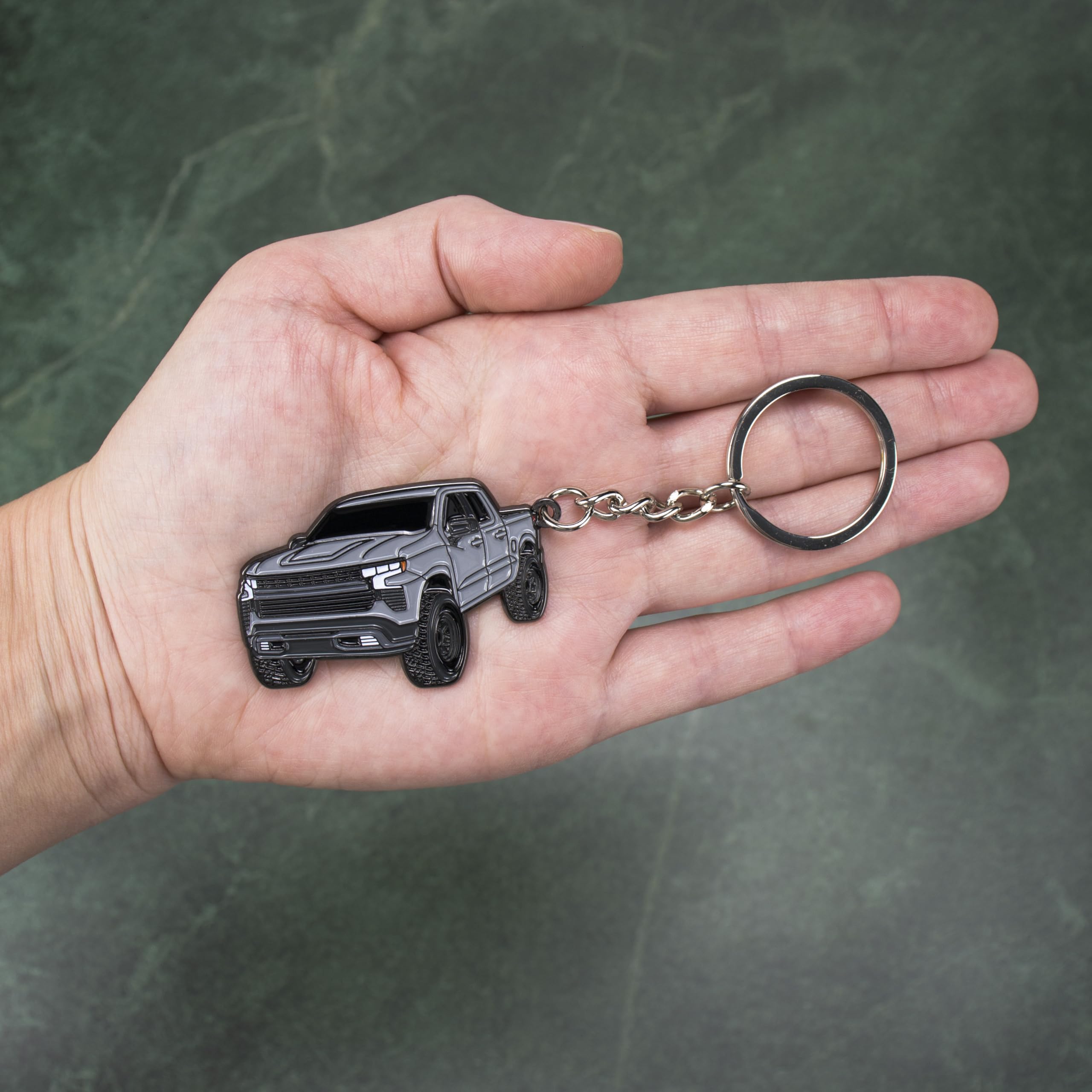 FOUR WHEEL BEAST Metal Keychain for Chevy Silverado 1500 - Silver, 2" x 1.5" - Perfect Toy Truck Gift for Men