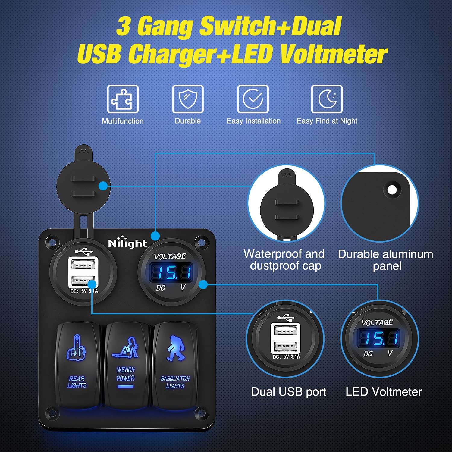 Nilight 3 Gang Rocker Switch Panel USB Charger LED Voltmeter Sasquatch Lights Wench Power Rear Lights Switch On Off Waterproof T