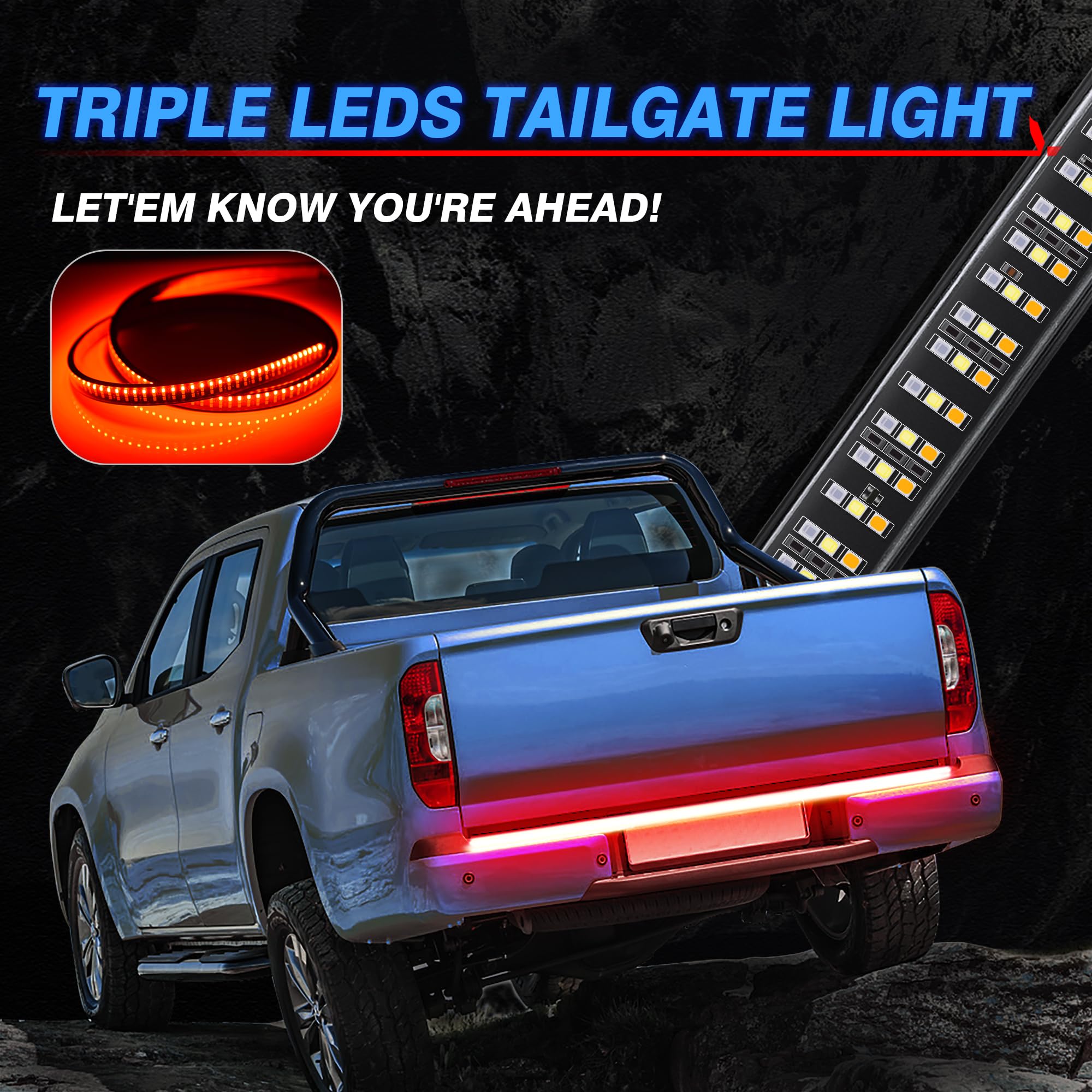 MICTUNING 60" Triple 504 LEDs Tailgate Strip Light, Waterproof, 4-Way Connector, Amber Turn Signal, Red Brake, White Reverse
