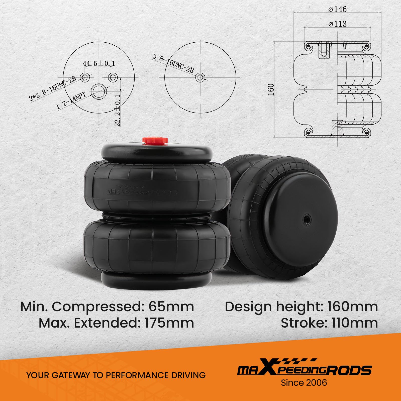 maXpeedingrods Air Suspension Spring Strut Assembly, 2500 lb, 2PCS, Double Bellow, Single Port, NA32, Pair
