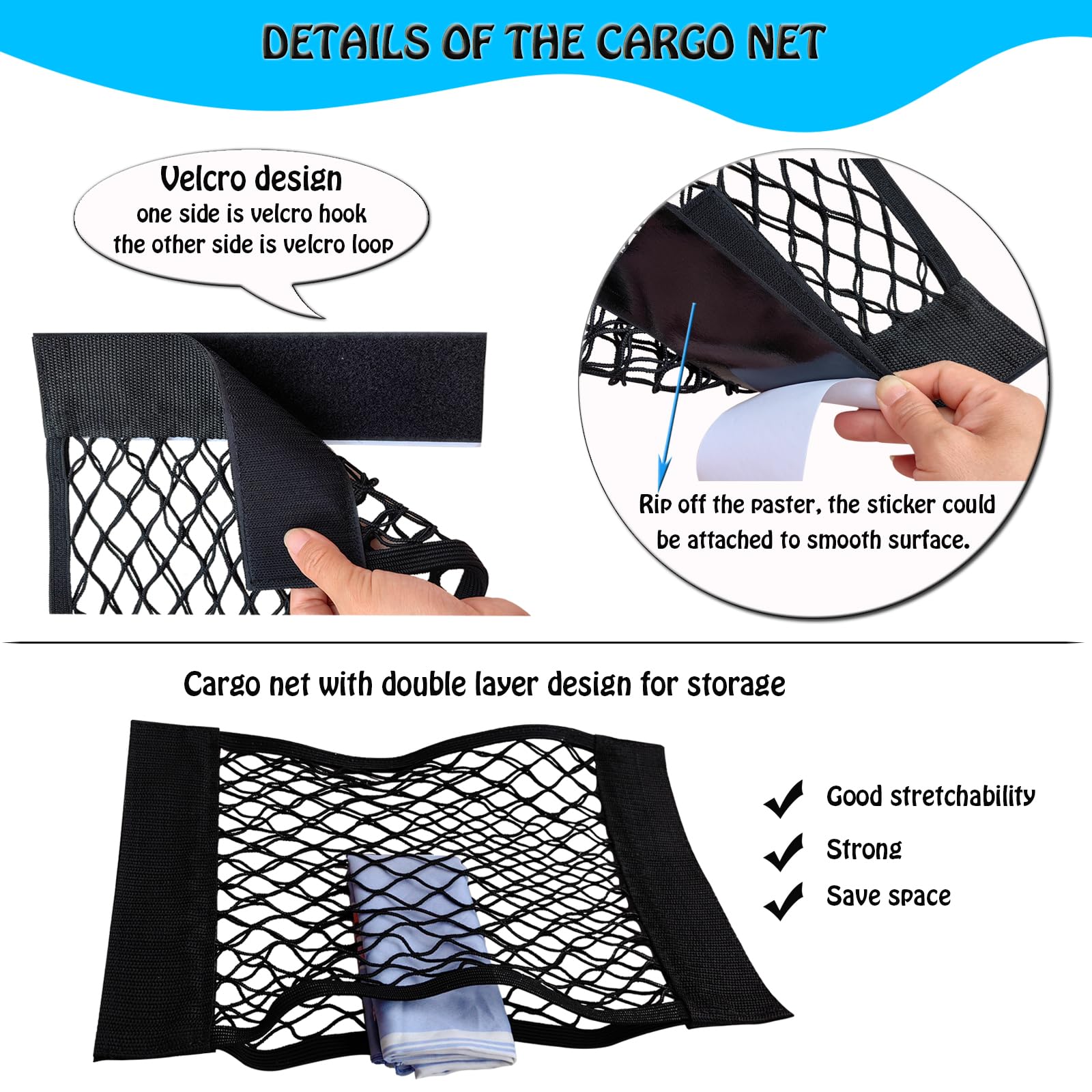 Xiwumoer Mesh Cargo Net Car Storage Net Wall Sticker Organizer Elastic Mesh Net With Tape Stickers For Car Trunk Storage Mesh St