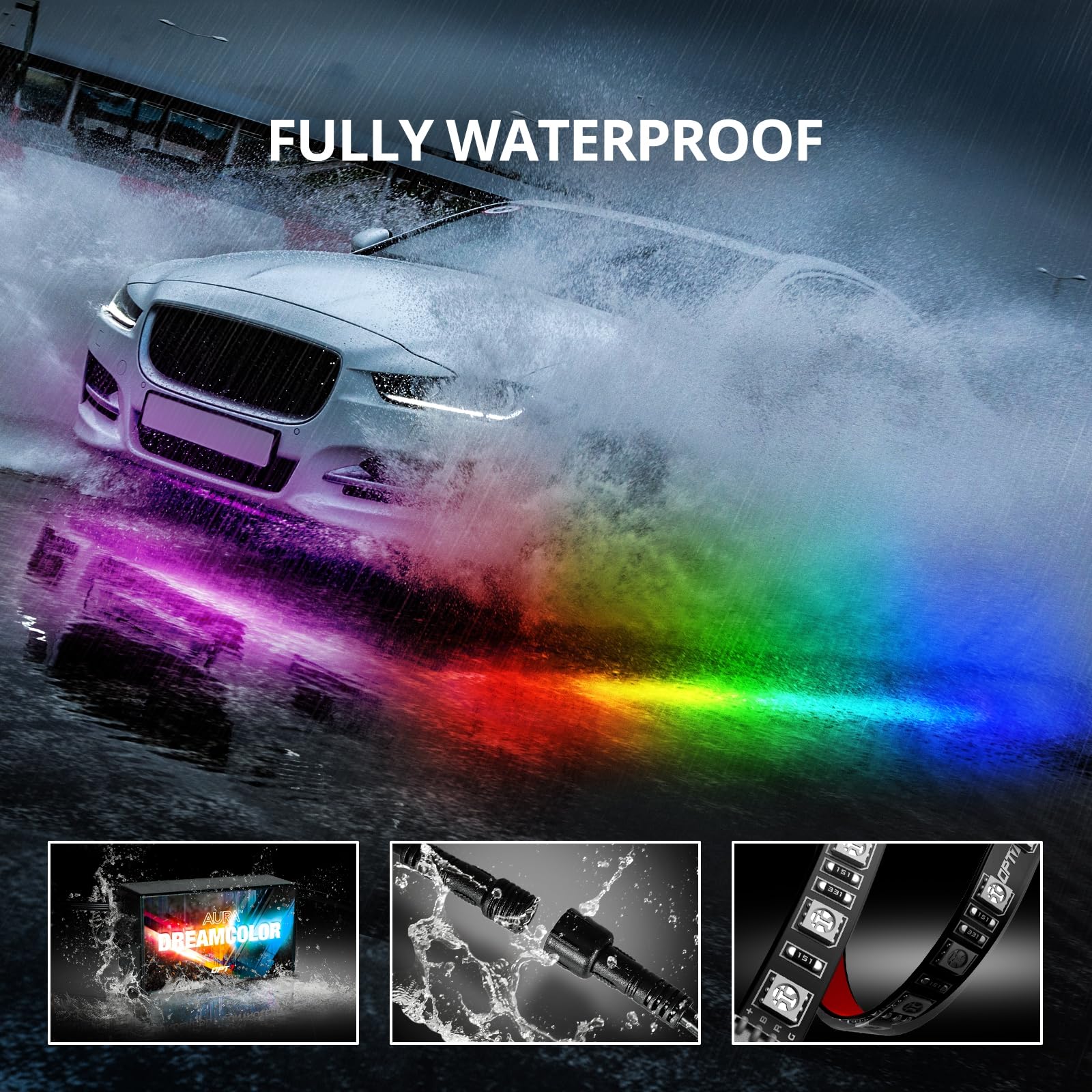 OPT7 Aura DreamColor Underglow Light Kit - 4 PCS Flexible RGBIC LED Strips, Silicone, Multi Colors, Music Mode, 12V, AURA-GLOW Model