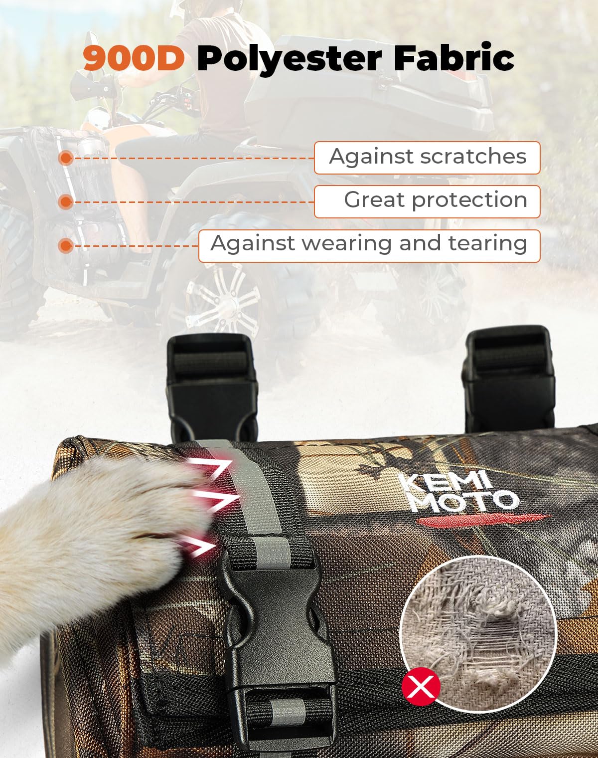 KEMIMOTO ATV Fender Bag - Large Camo Water-Resistant Storage with Drink Holder, Model B0113-06601-CM, Detachable Gear Bag