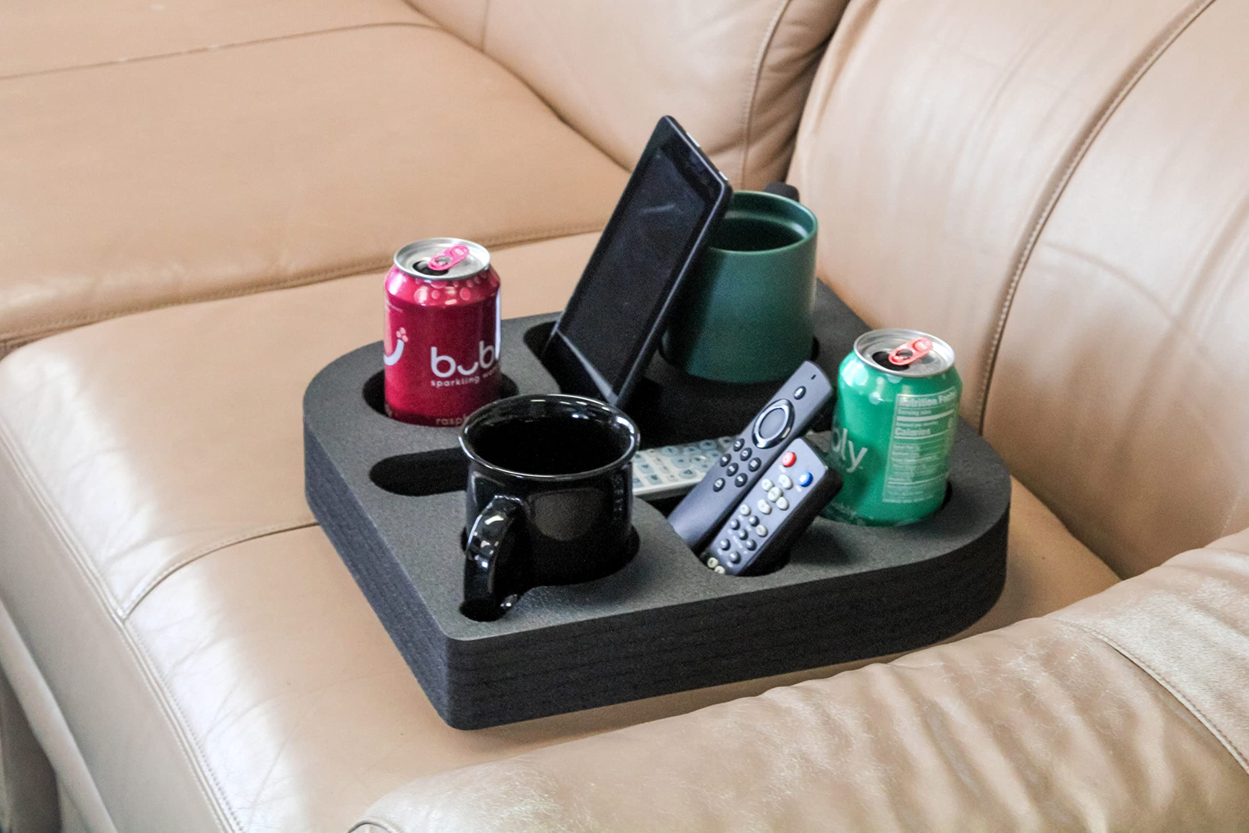Polar Whale Couch Drink Holder Durable Black Foam Stylish Refreshment Tray For Sofa Bed Floor Car Rv Lounge Tv Room 5 Compartmen