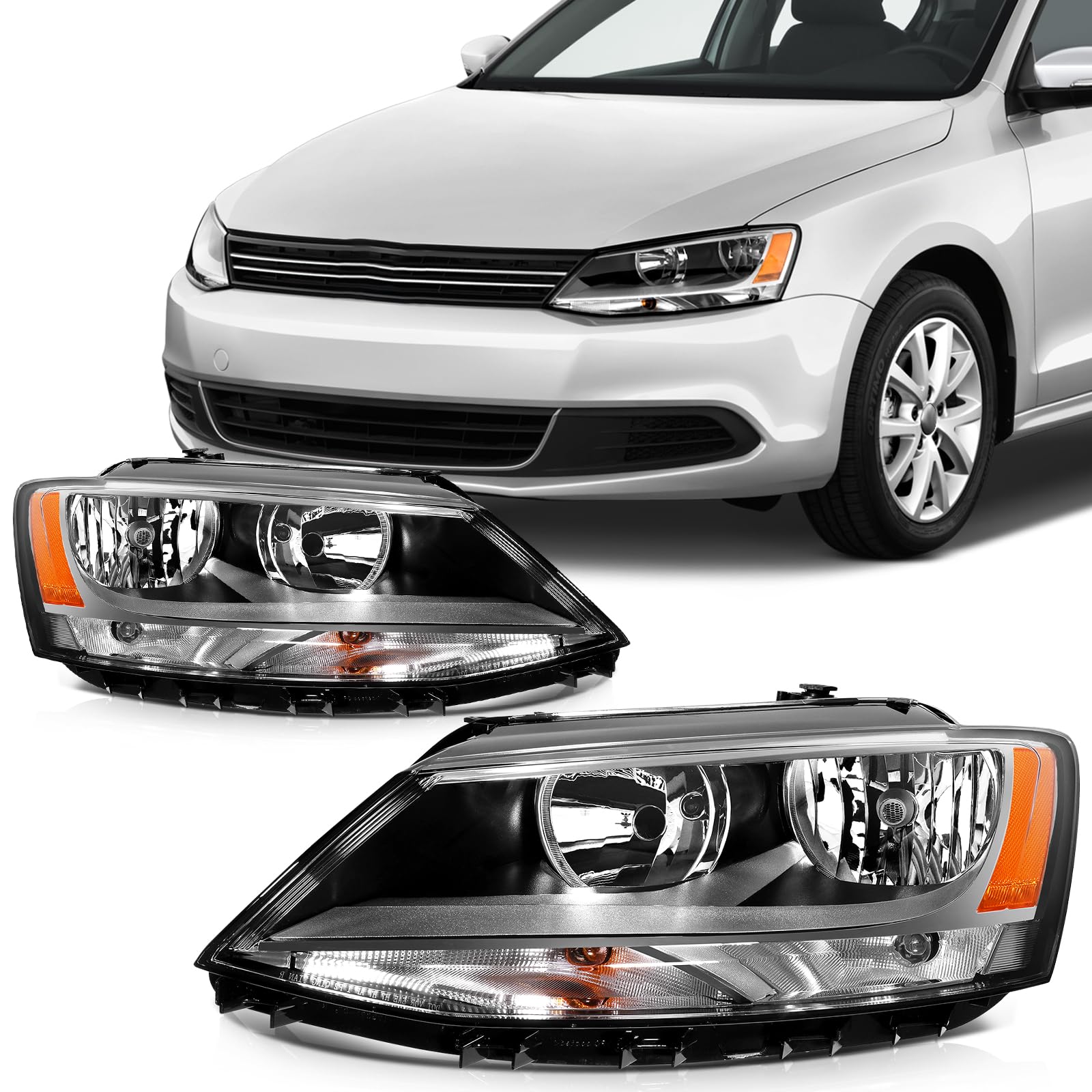 SCITOO Headlight Assembly Fits For 2011-2018 Volkswagen For Jetta Replacement Headlamp in Chrome Housing Amber Reflector Clear L