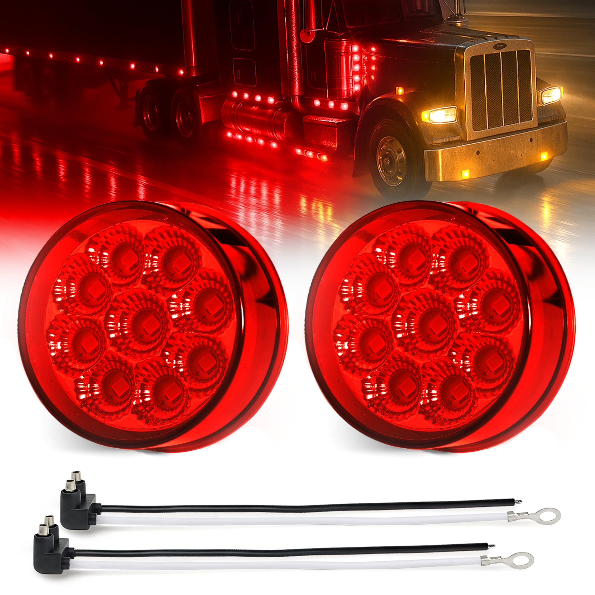 MADCATZ 2Pcs 2 Inch Round Red LED Side Marker Lights 9LEDs Reflectors with 2 Prong Pigtail Sealed Waterproof 12V for Truck Trail