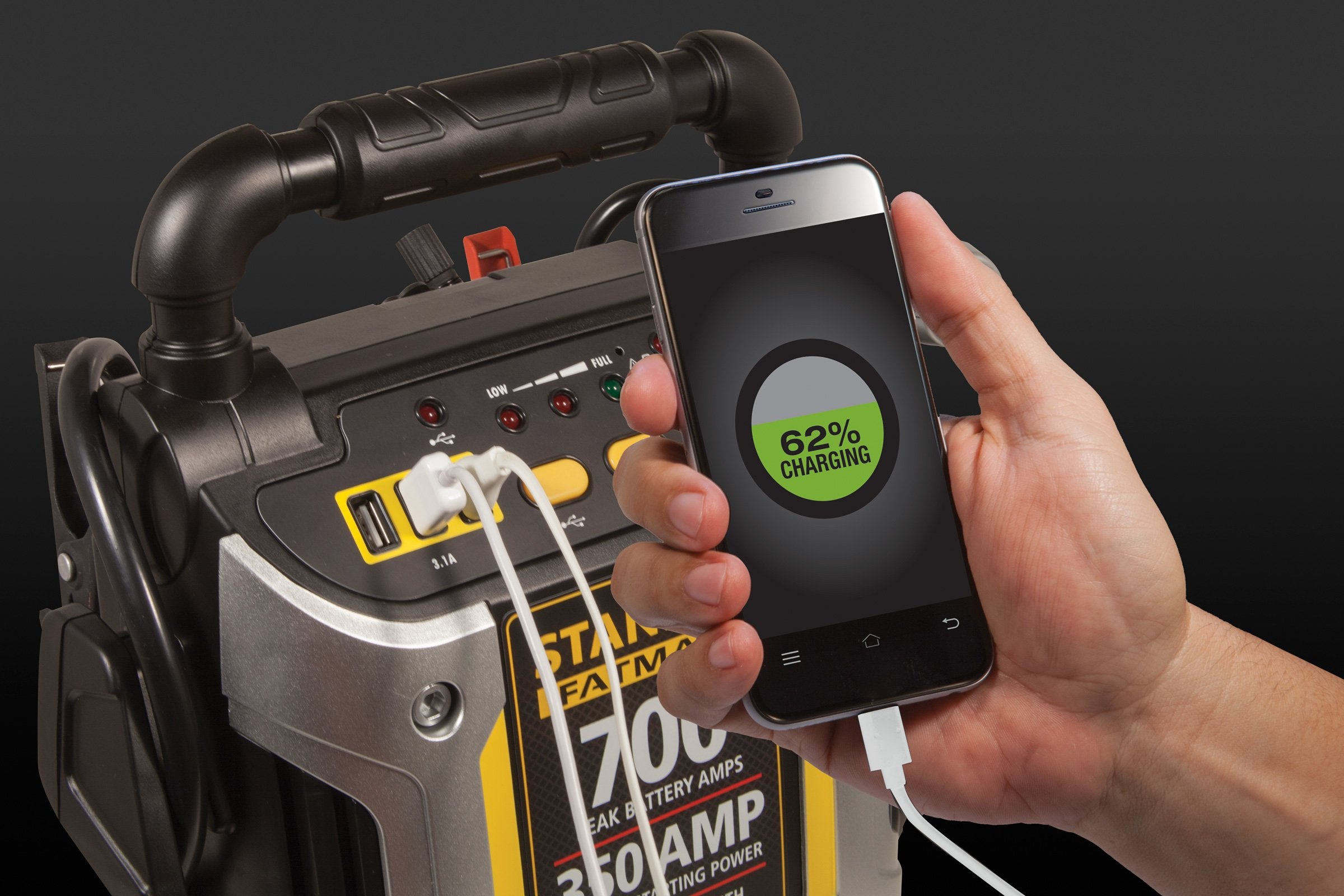 STANLEY 700 Peak Amp Automotive Jump Starter with 120 PSI Air Compressor and Triple USB Ports - Silver, Model J7CS