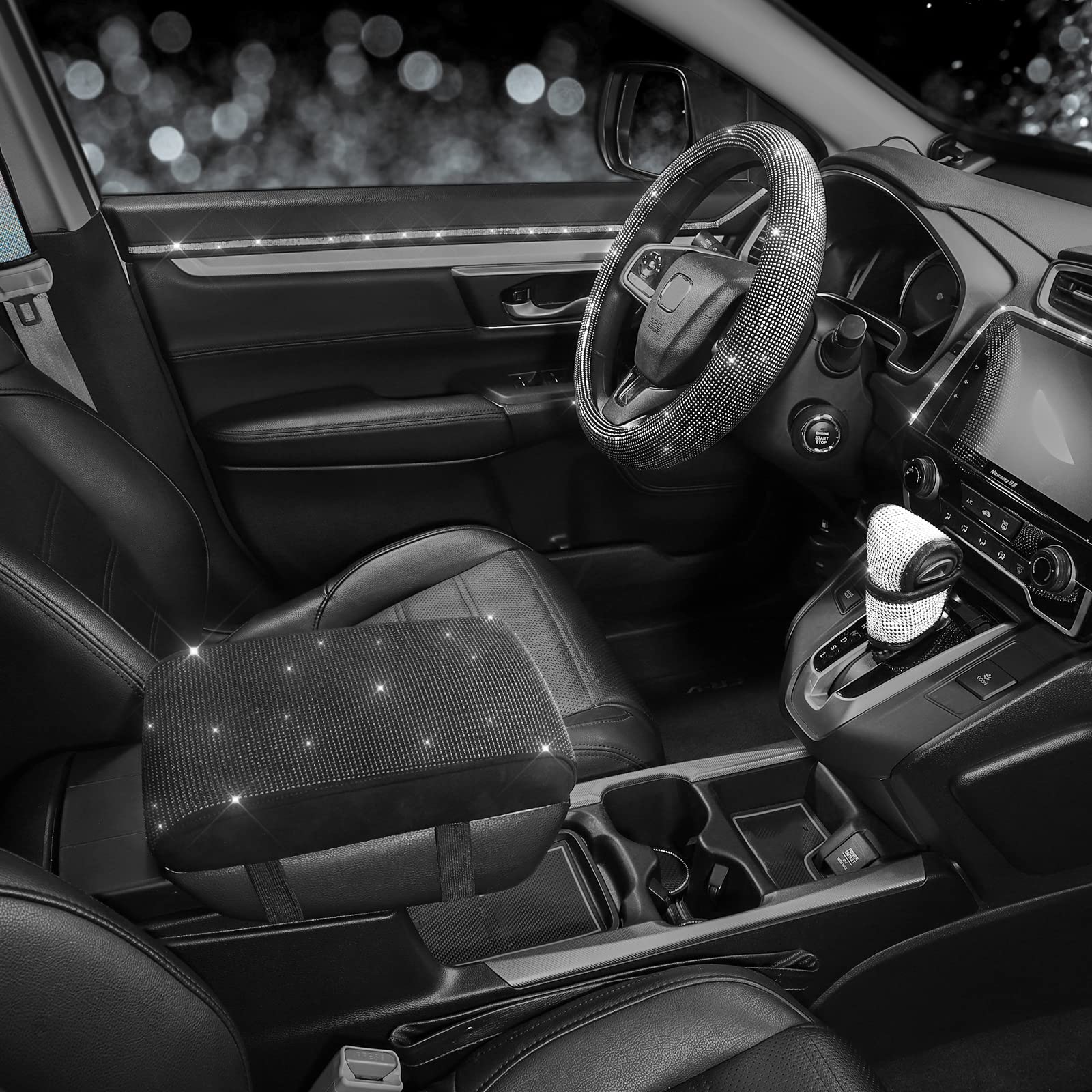 Seg Direct Diamond Auto Center Console Cover, Bling Car Armrest Cover, Memory Foam Armrest Cushion Pad With Crystal Rhinestones, Universal Seat Box Cover, Black Diamond
