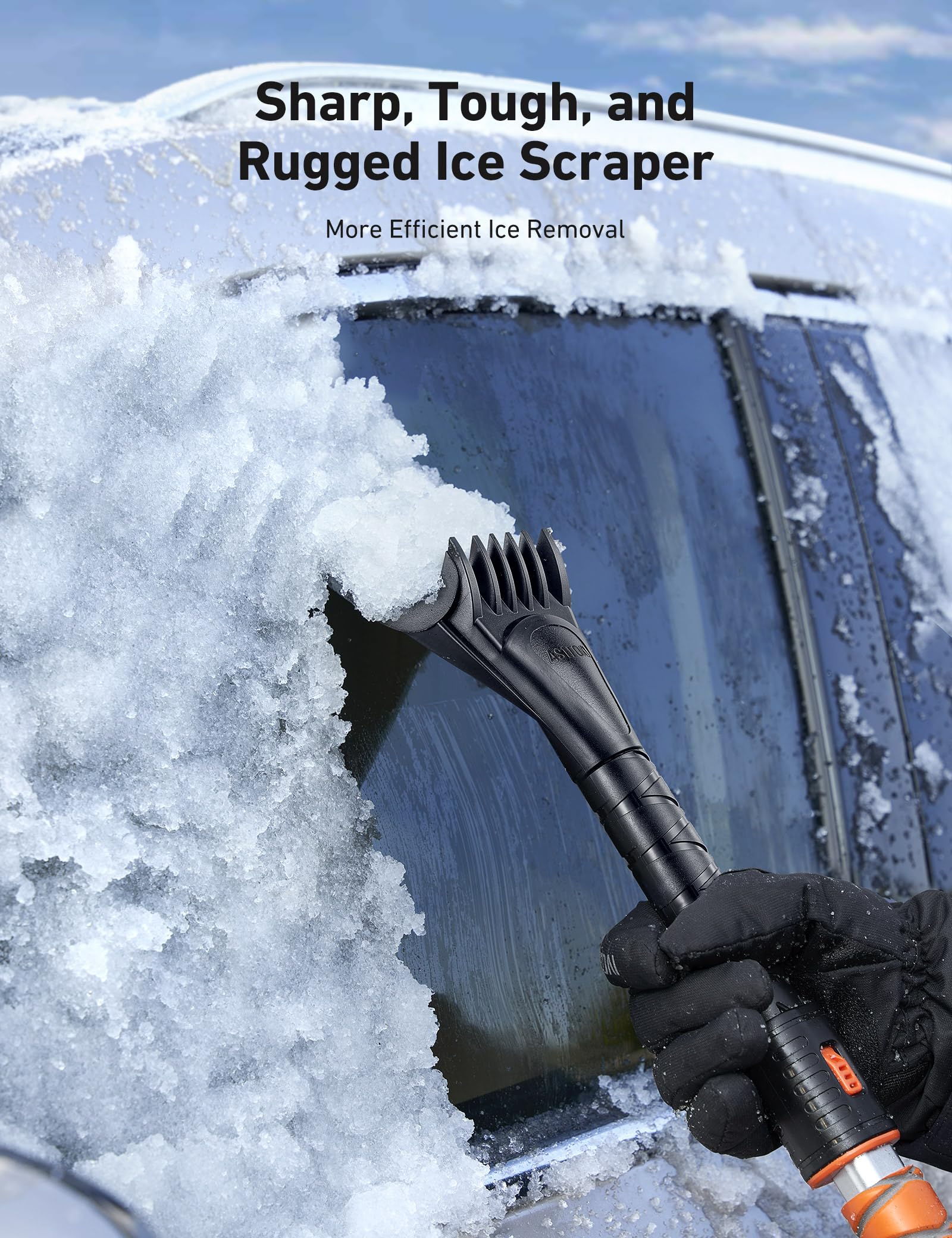 AstroAI Ice Scraper for Car Windshield, 39.37" Snow Brush with Foam Grip, Orange, Small, 360° Pivoting Brush Head