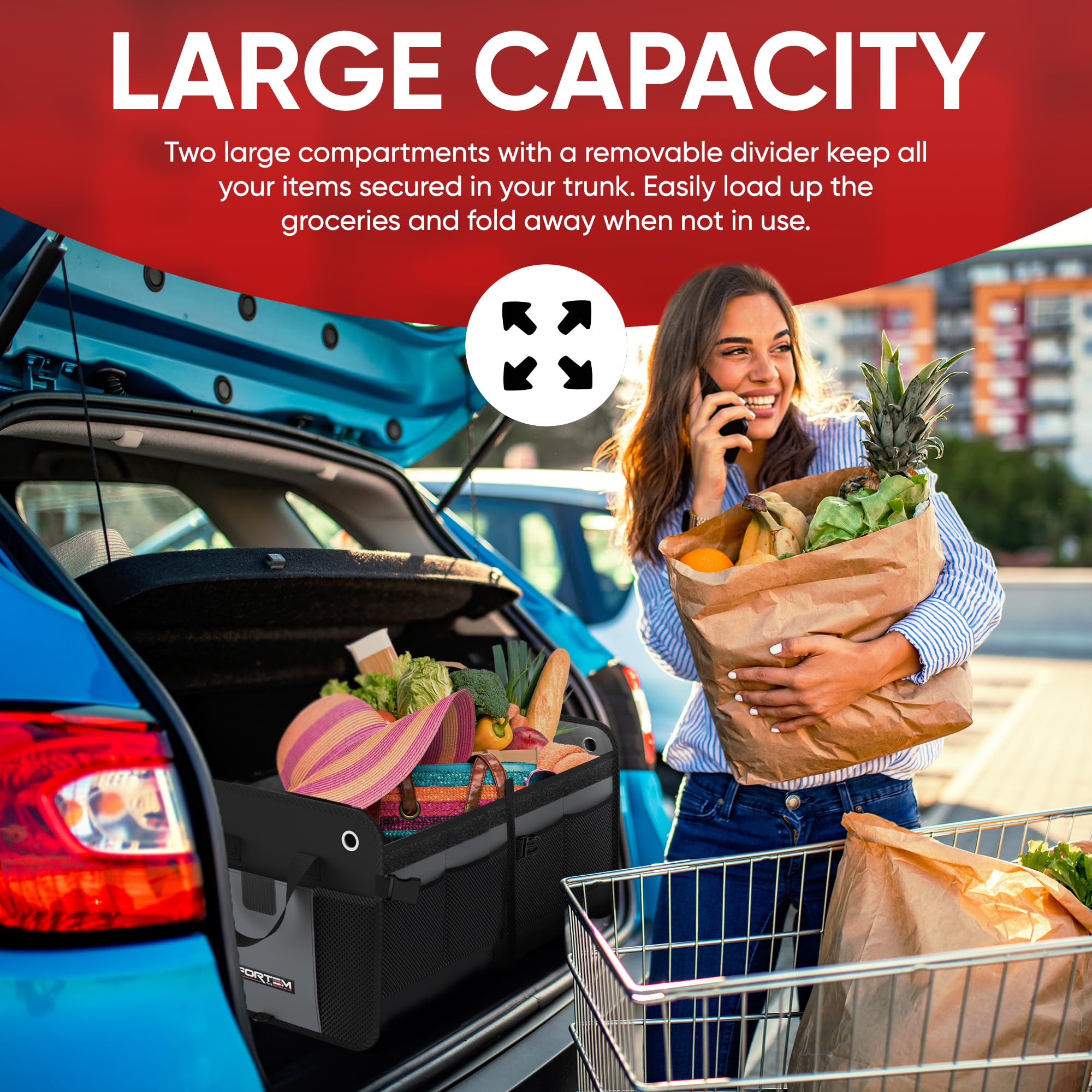 Fortem Suv Trunk Organizer, Car Organizer, Collapsible Multi-Compartment Storage Bag For Car Accessories For Women Men, 1680D Ox