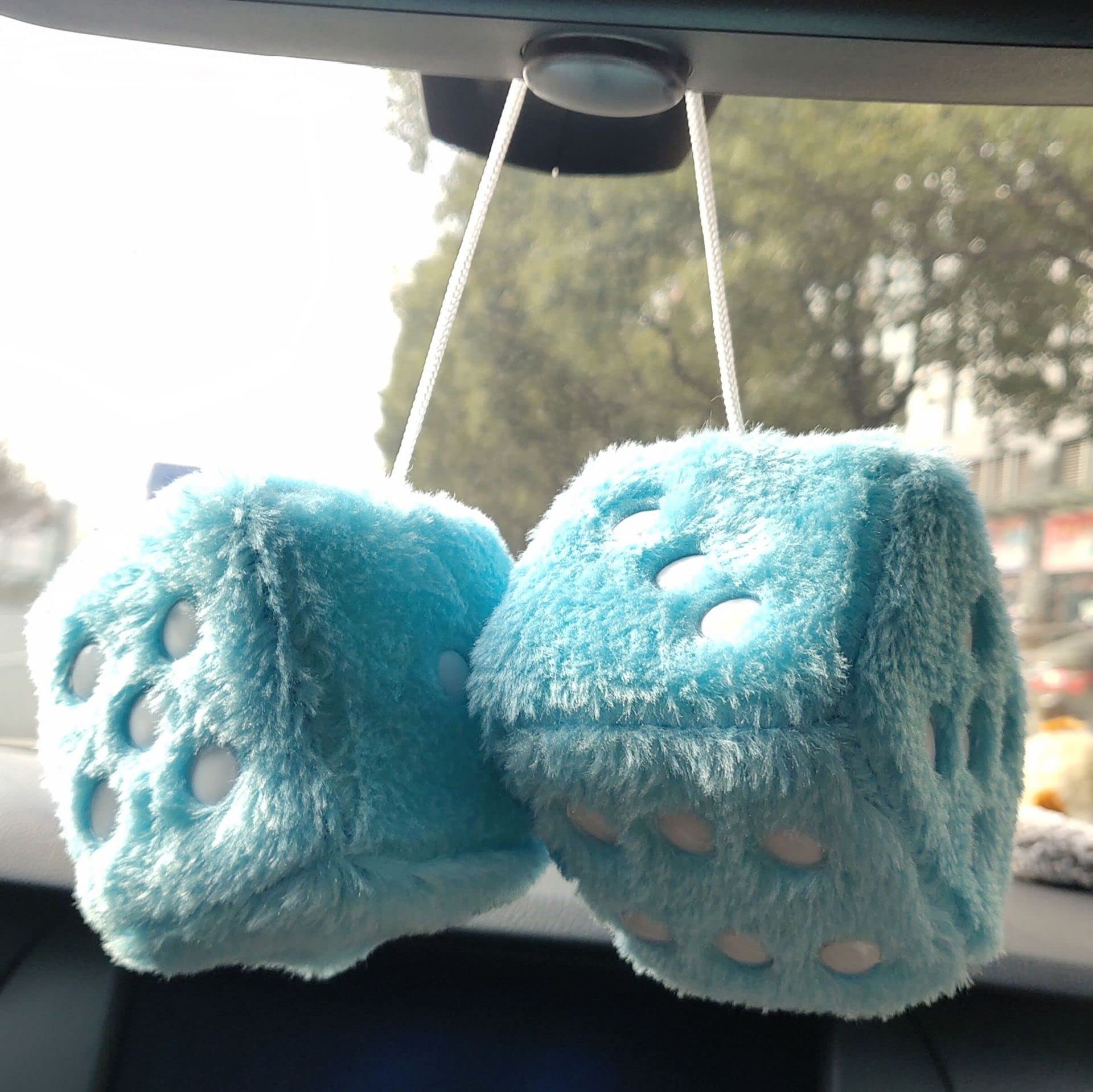 Pair 3    Black With White Dots Mirror Fuzzy Plush Dice, Black And White Soft Plush Car Decorative Hanging Ornament.