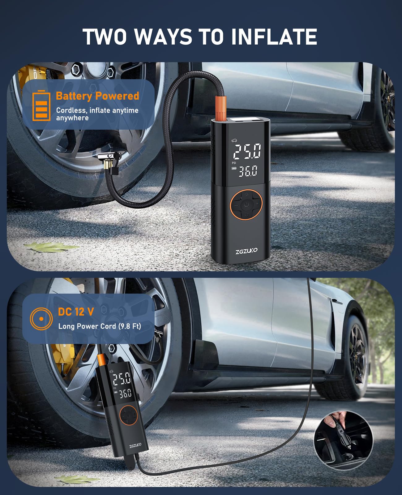 ZGZUXO Portable Tire Inflator - 150PSI Cordless Air Pump with Digital Gauge, LED Light, Red, Model CZK-3691