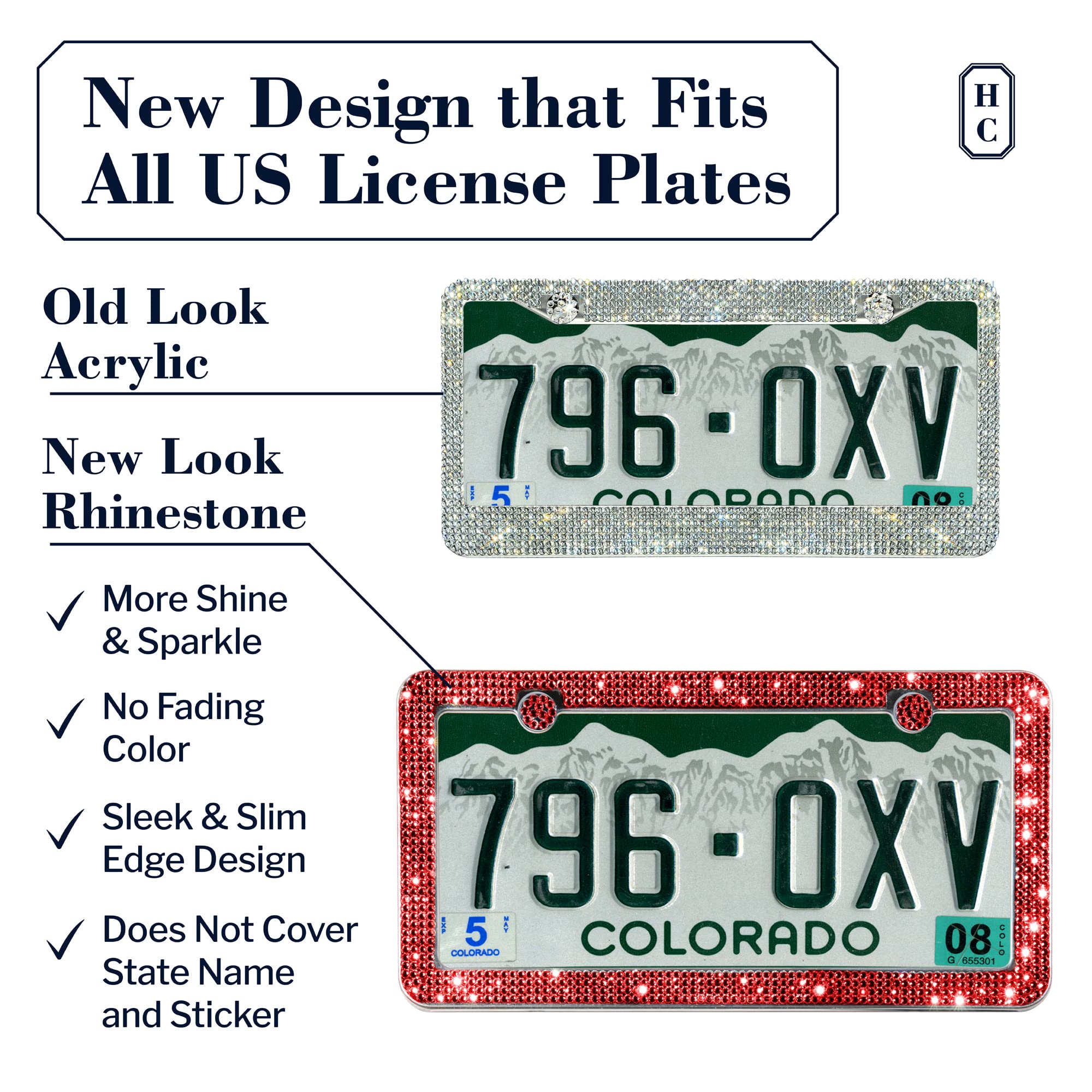 Handcrafted Rhinestone Bling License Plate Frames For Women, Men | 2 Pack Bedazzled Cover With Glittery Screw Caps | Stainless Steel Clear Crystal Sparkle License Plate Frame/Cover (Red)