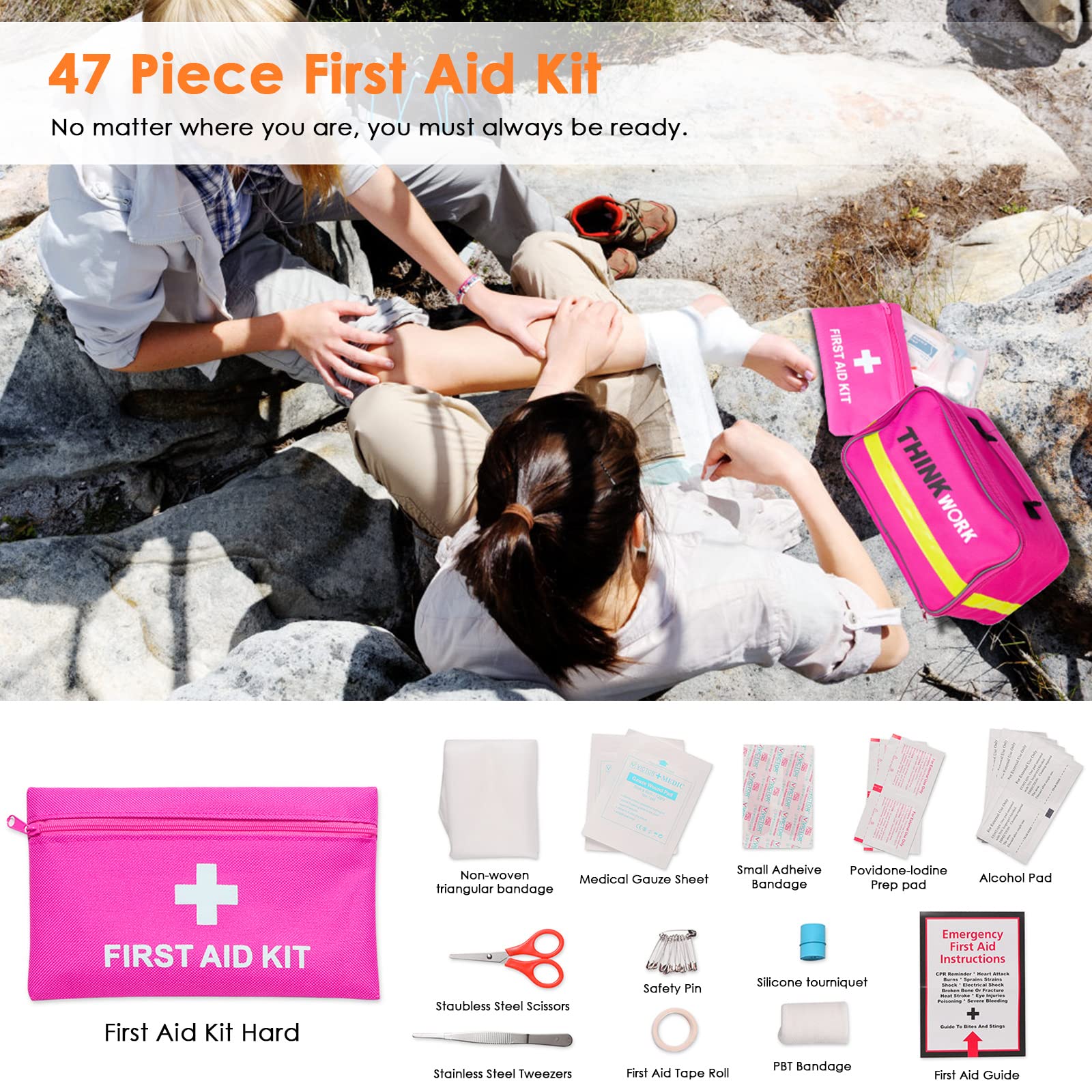THINKWORK Pink Car Emergency Kit - Roadside Assistance Tools, 10FT Jumper, First Aid Kit, Ideal Gift for Teen Girls and Ladies - Model E8