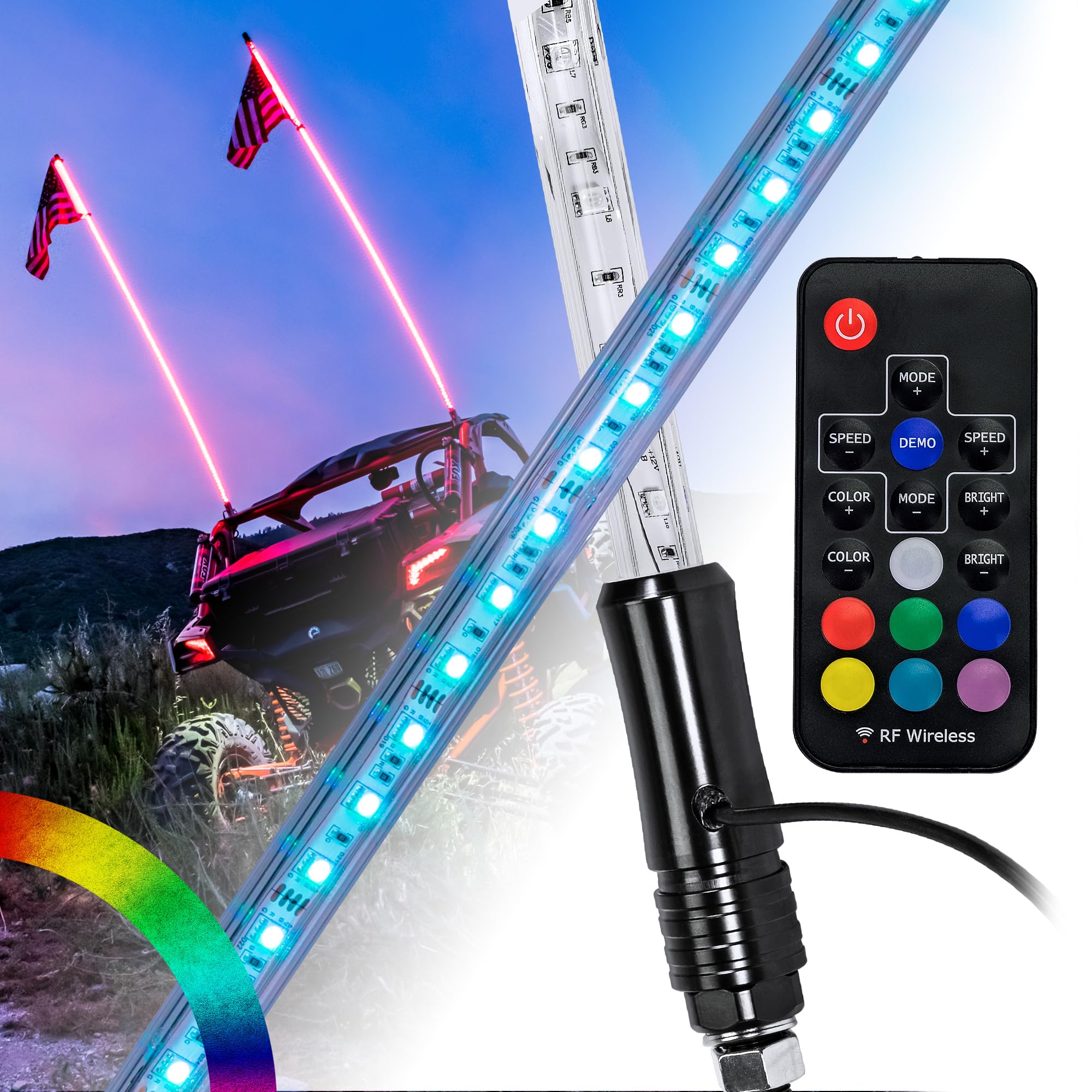 True Mods 2Pc 3Ft Rgb Led Whip Light For Utv Atv [Rf Wireless Remote] Usa Flag Waterproof Led Lighted Whip Cb Antenna Pole Stick
