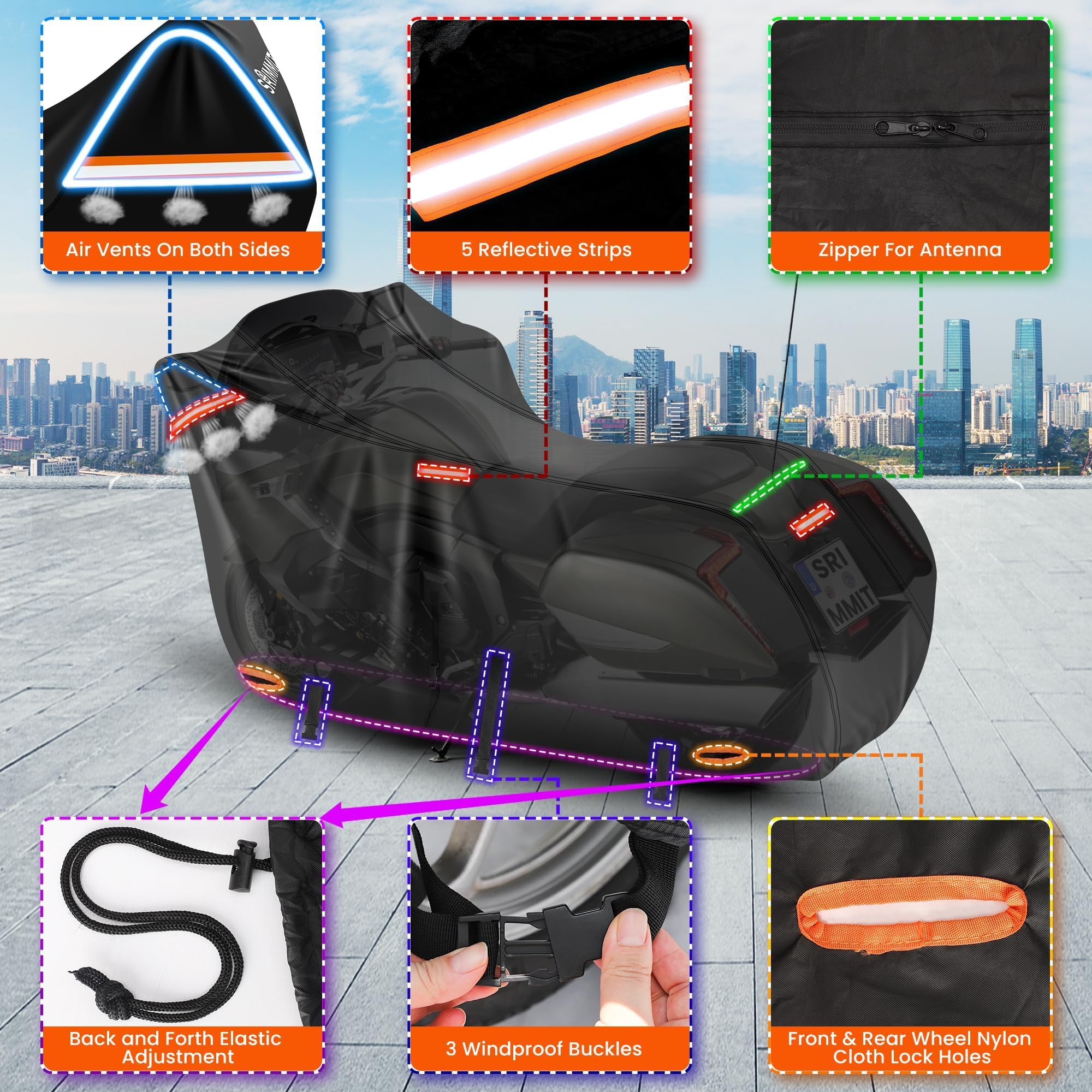 SRIMMIT Heavy Duty Motorcycle Cover, Waterproof 420D, 1XL 86"x39"x51", Black & Orange, with Reflective Strips & Windproof Buckles
