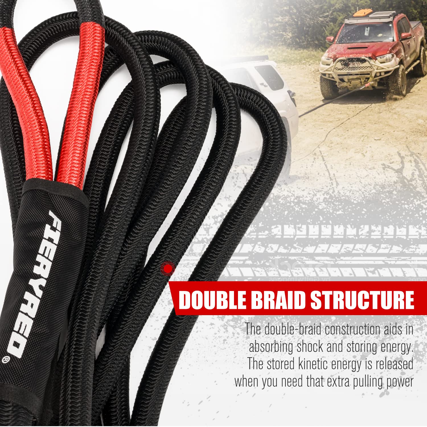 FIERYRED Kinetic Energy Recovery Rope 30FT 7/8" Nylon Tow Strap - Black, Reinforced Loops, Protective Sleeve, Perfect for Off-Road 4x4 ATV U