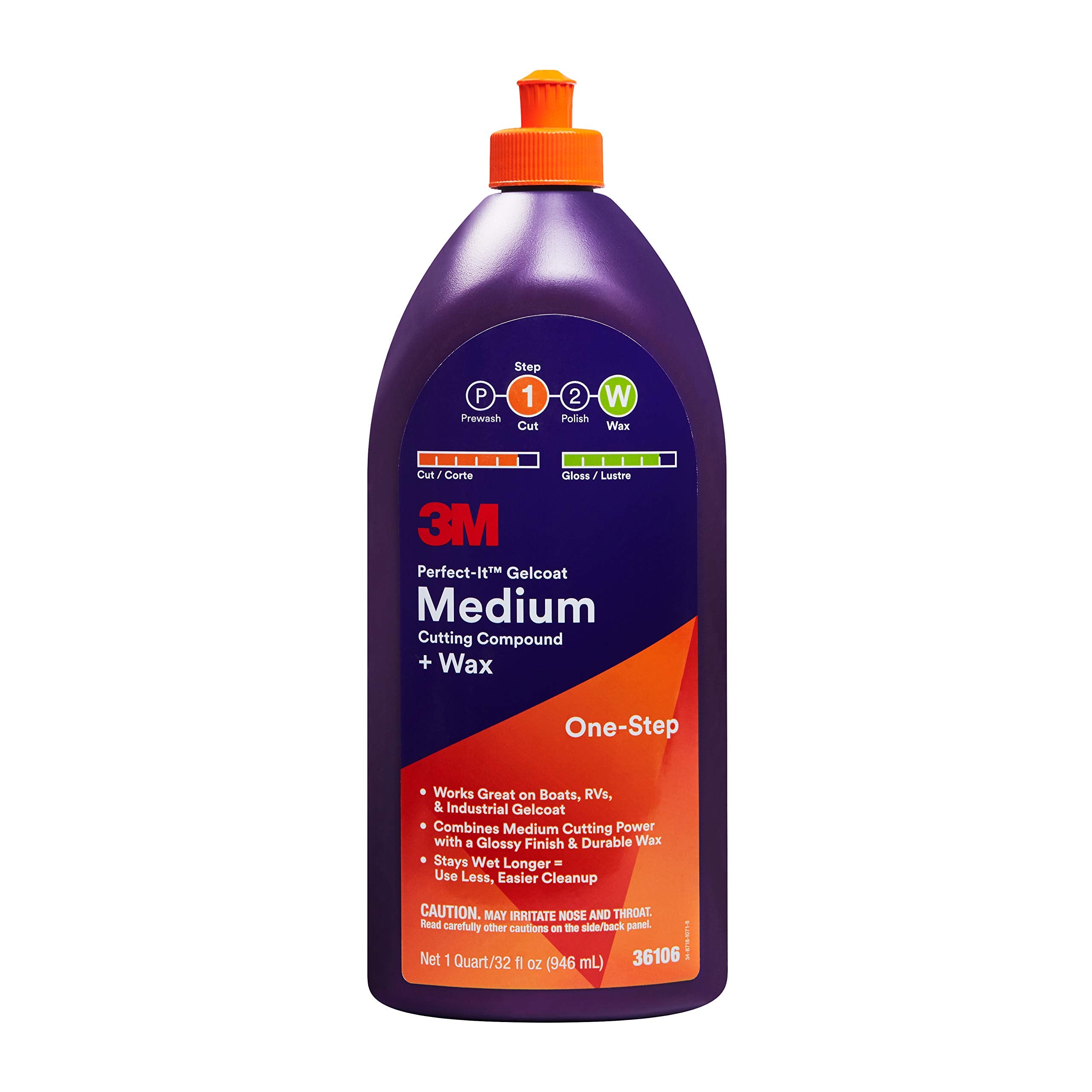 3M Perfect-It Gelcoat Medium Cutting Compound + Wax, 36106, 1 Quart, One-Step Process, P1500 and Finer Scratches, Fiberglass Oxi