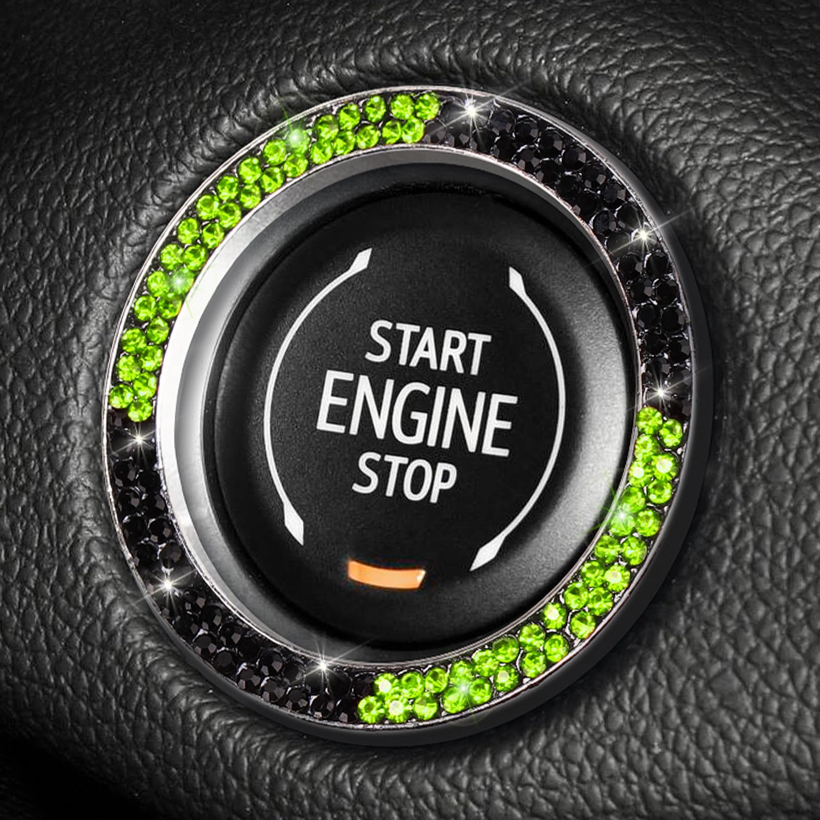 Tobequeen Bling Black Green Push Start Button Cover Emblem Sticker, Crystal Diamond Rhinestone Start Button Ring Car Decor, Gree