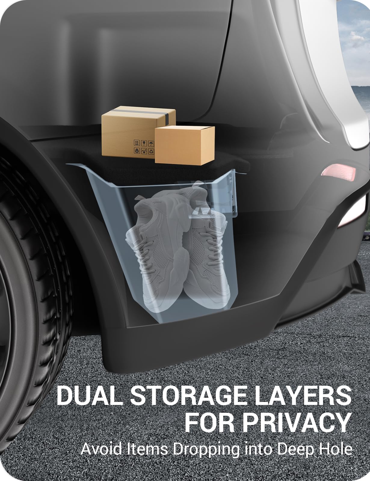 BASENOR Trunk Organizer for 2025 2026 Tesla Model Y, Black, Carpeted Lid, Juniper Interior, Rear Side Storage Bins