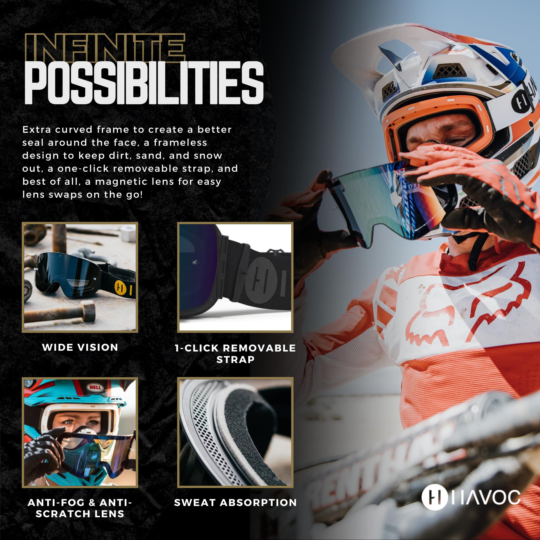 Havoc Racing Goggles - UV Blocking, Anti-Fog, Polycarbonate, Tempest, Model IG-TEMPEST, Ideal for Motocross, Dirt Biking, Snowboarding, ATV