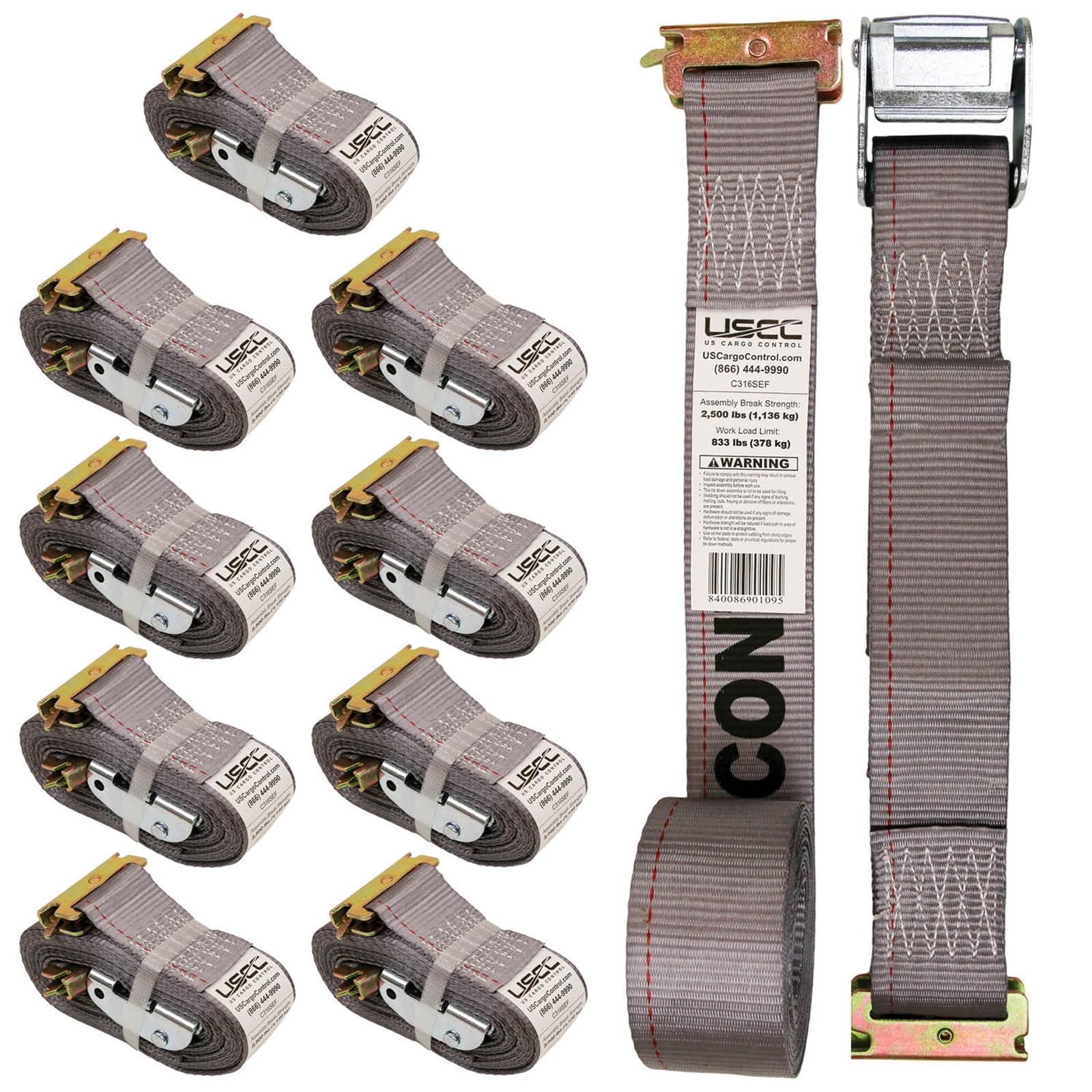 US Cargo Control E-Track Cam Buckle Straps (10-Pack), 2 Inch x 16 Foot Heavy Duty Gray E-Track Straps with 4 Foot Fixed End and 