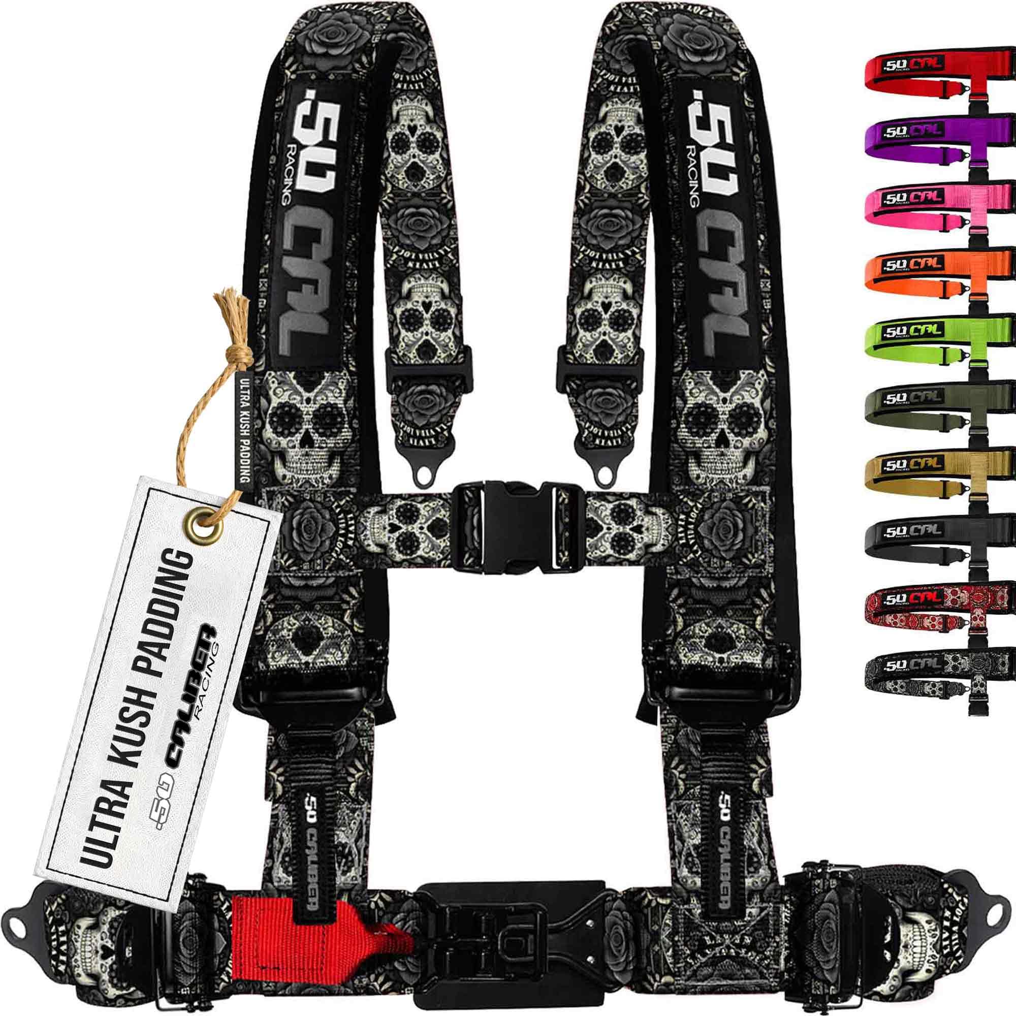 1pc Black Sugar Skull 4 Point Harness for Bucket Seat, 3in Belt, Quick Release, 10 Color Options, Racing Harness UTV RZR Car [63