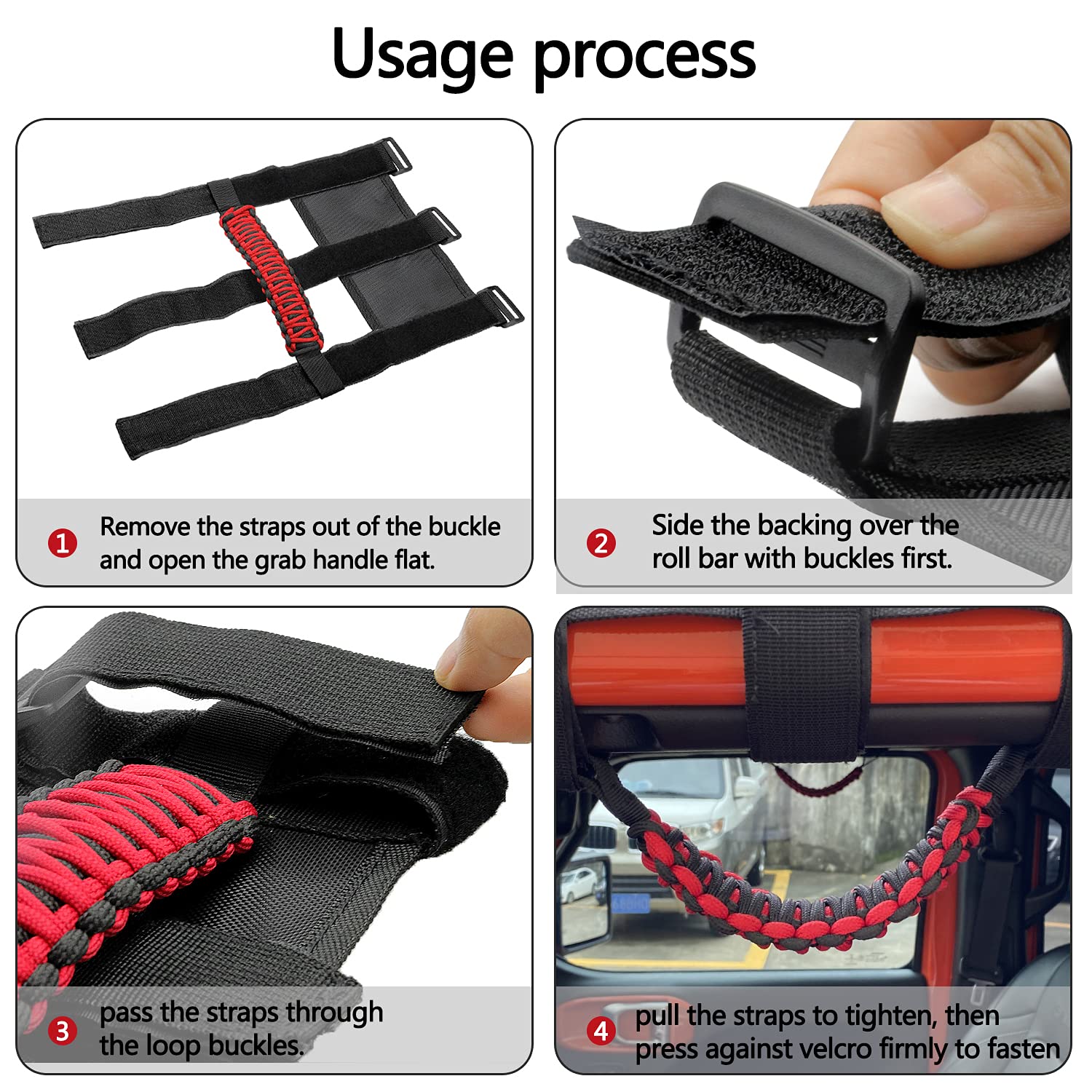 For Jeep Wrangler Accessories Roll Bar Grab Grip Handle Trim For Compatible With Jeep Wrangler Yj Tj Jk Jku Jl Jlu 1955-2023 Gladiator Jt Utv & Atv Door Assist Woven Holder (Red, 2Pcs)