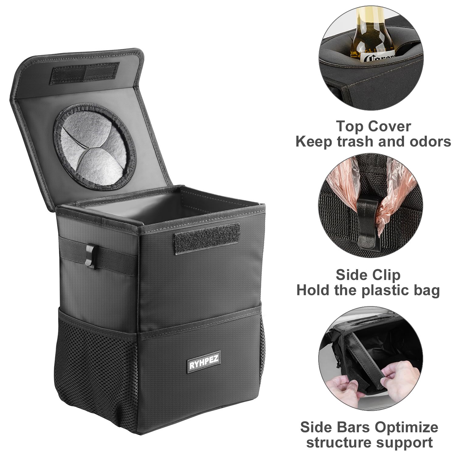 Ryhpez Car Trash Can - Large Leakproof Nylon Bag with Lid & Storage Pockets, Black, Model LJT21G05_01_eo