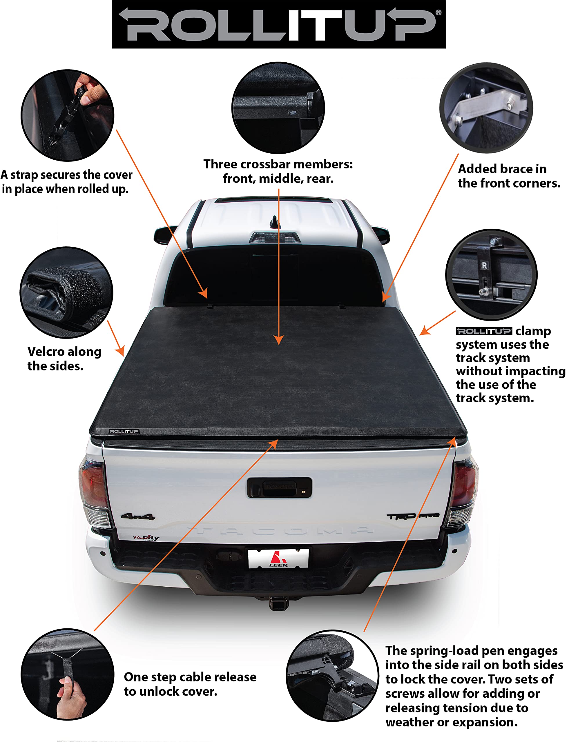 Leer Rollitup | Fits 2016-2023 Toyota Tacoma With 52'' Bed With Track (Short Bed) | Soft Roll Up Truck Bed Tonneau Cover | 4R286