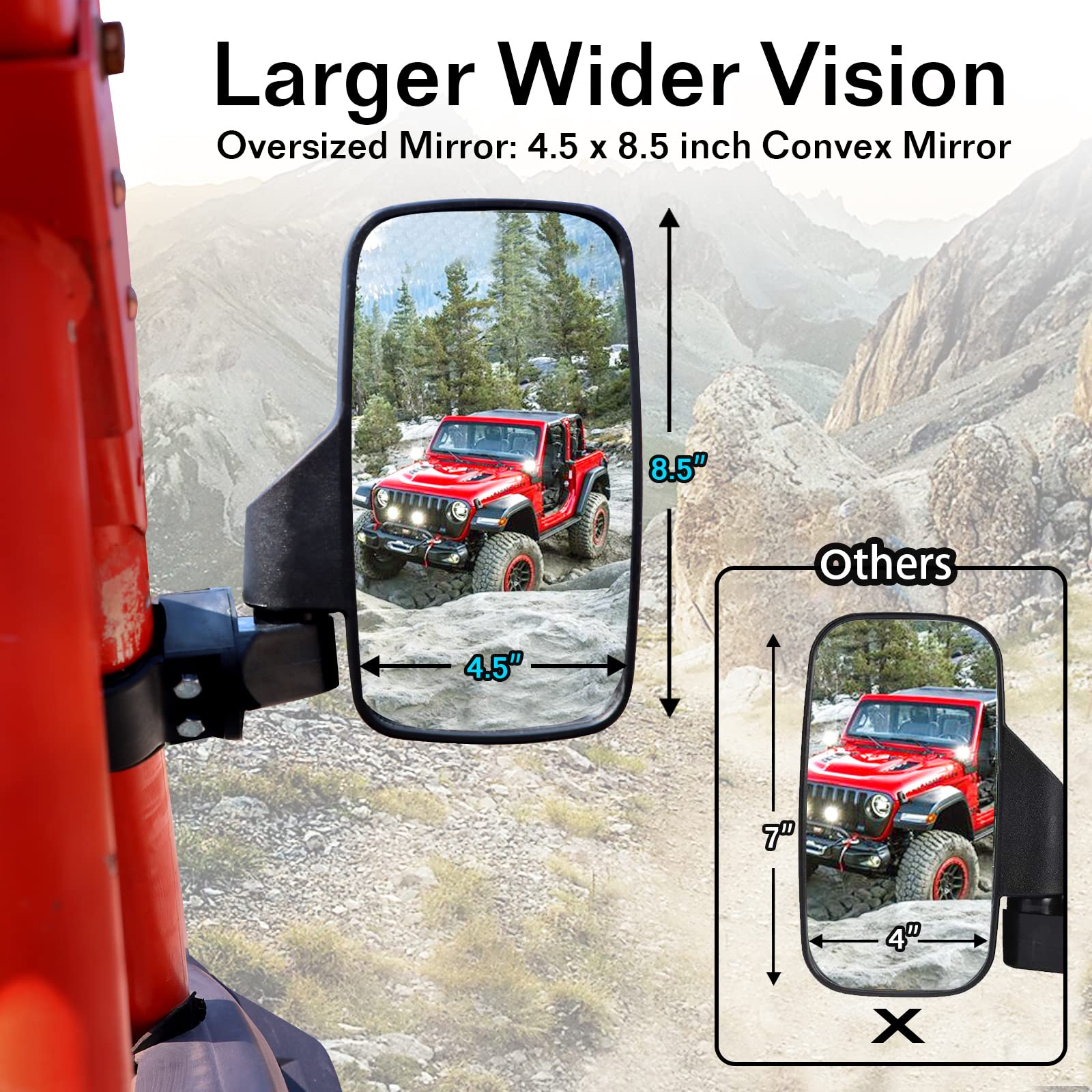 BETOOLL UTV Side View Mirrors Set - Adjustable 1.75"/2" Roll Bar, High Impact ABS, Black, Model HW8039, Pack of 2
