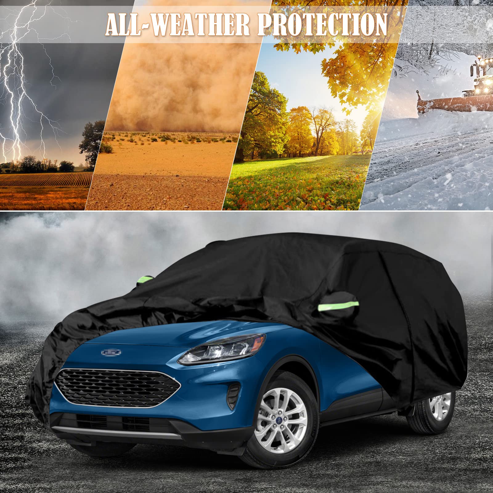 sportuli Waterproof Car Cover for 2008-2025 Ford Escape, 6 Layers, Black, All Weather Protection with Zipper Door & Windproof Bands