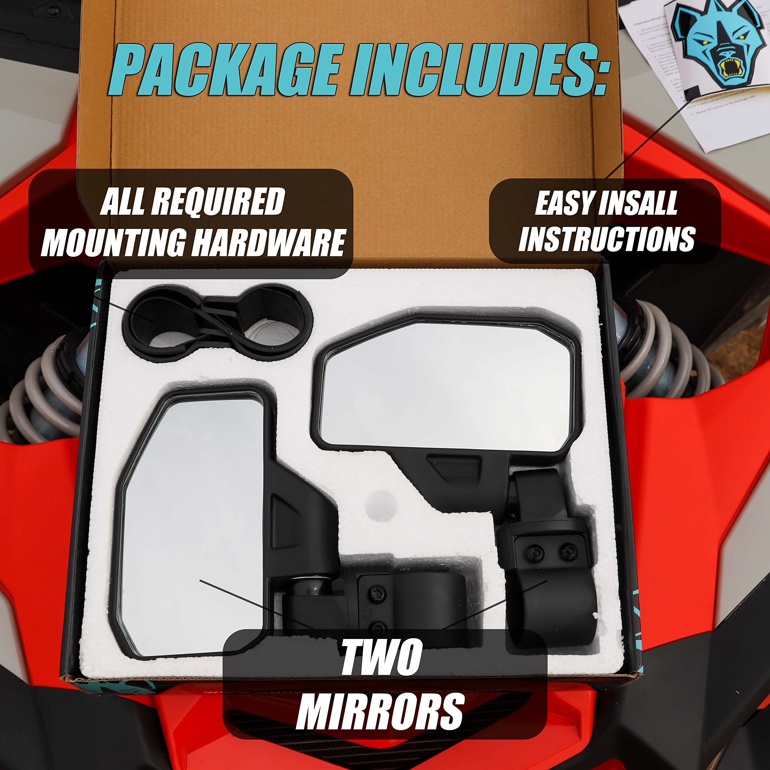 Chupacabra Offroad UTV Side Mirror Kit - 2 Pack, Adjustable Break Away Design, High Impact Glass, Fits 1.6"-2" Roll Cage, Black