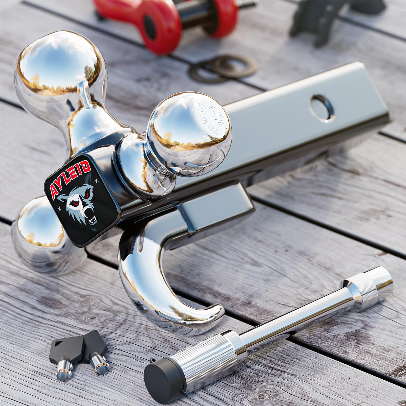 Ayleid Tri-Ball Hitch Mount with Locking Pin - 1-7/8", 2", 2-5/16" - Silver Model AY4-JP40-L