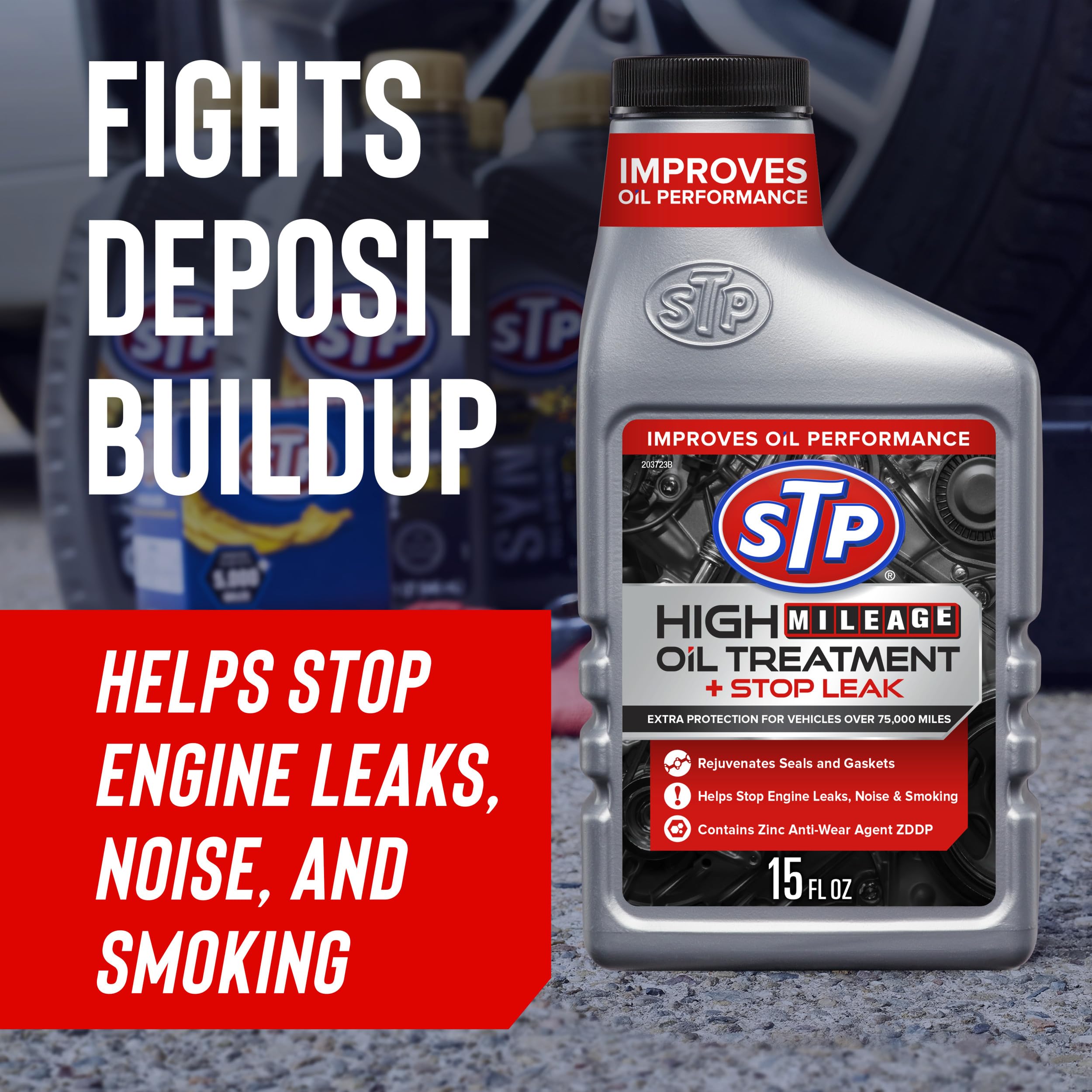 STP High Mileage Oil Treatment + Stop Leak, 15 FL OZ, Model 15604B - Engine Oil Additive for Enhanced Performance
