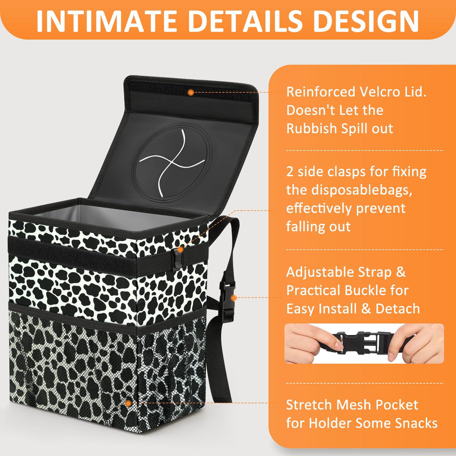 Vankor 3 Gallons Car Trash Can With Lid, Car Bag Bin Hanging Waterproof Automotive Garbage Cans Leak Proof Vehicle Trash Can Cow