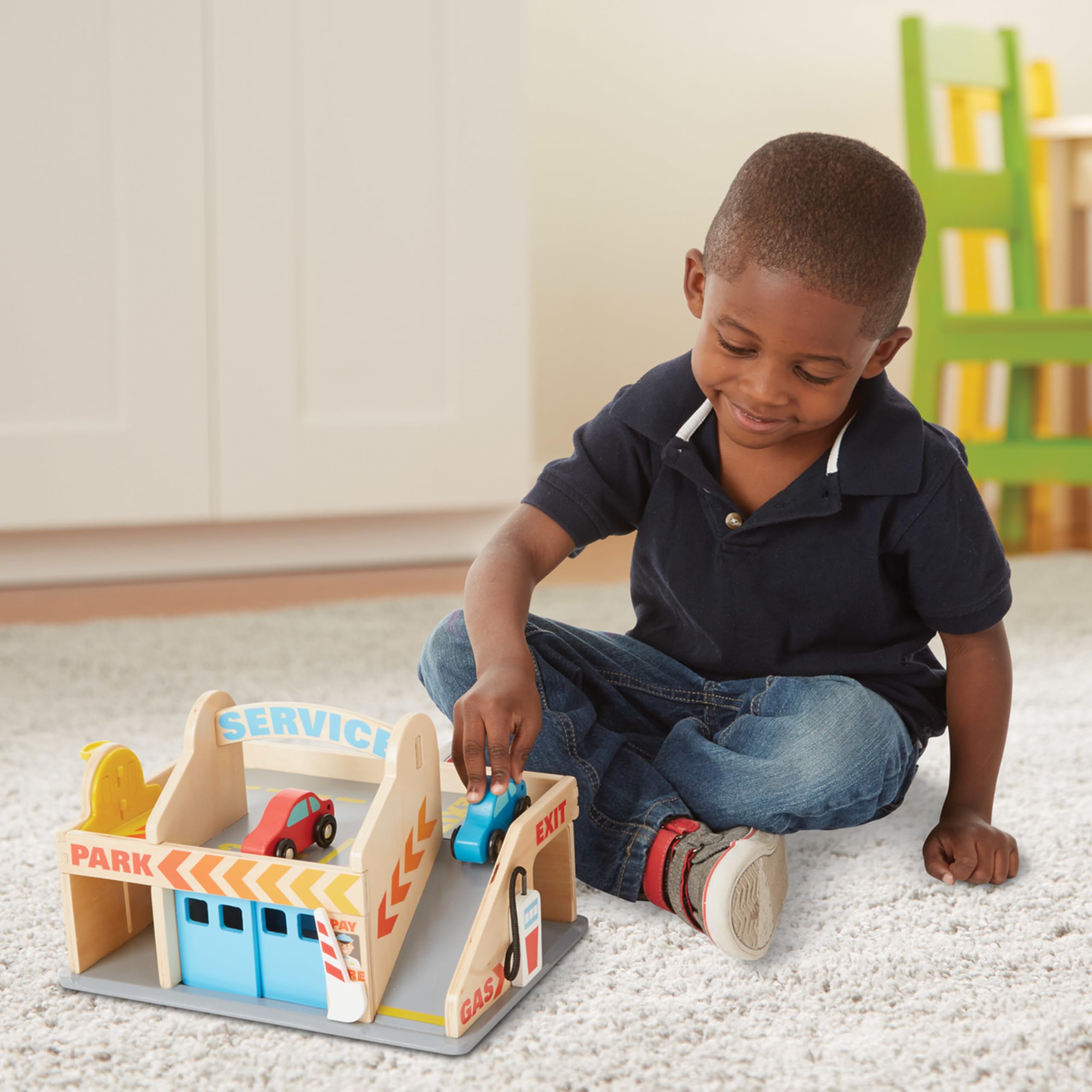 Melissa & Doug Wooden Service Station Parking Garage with 2 Cars, Multicolor, Model 9271