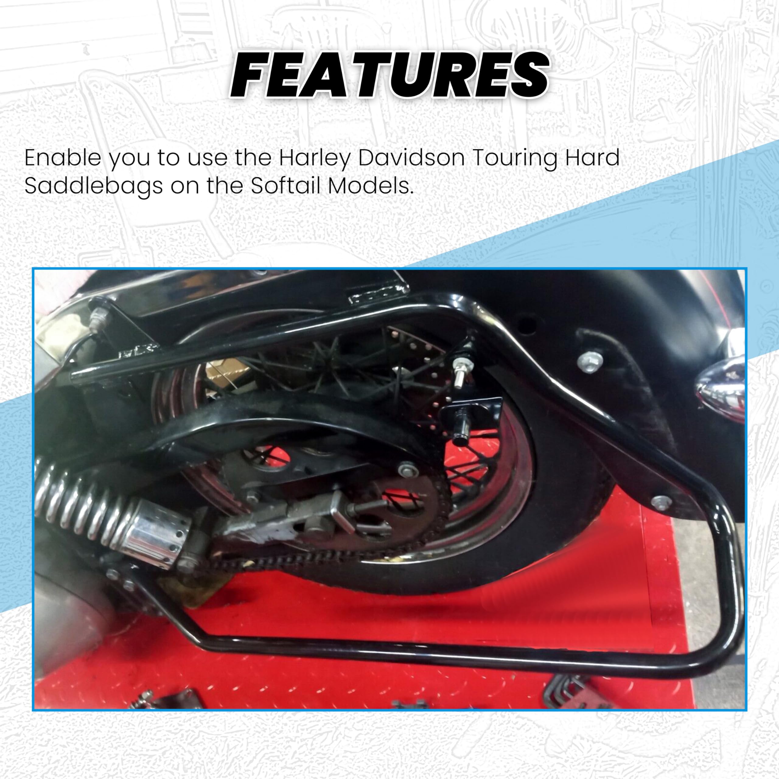 ECOTRIC Saddlebag Conversion Brackets for 1984-2013 Harley Davidson Softail, Black, Metal, Medium, Includes Hardware