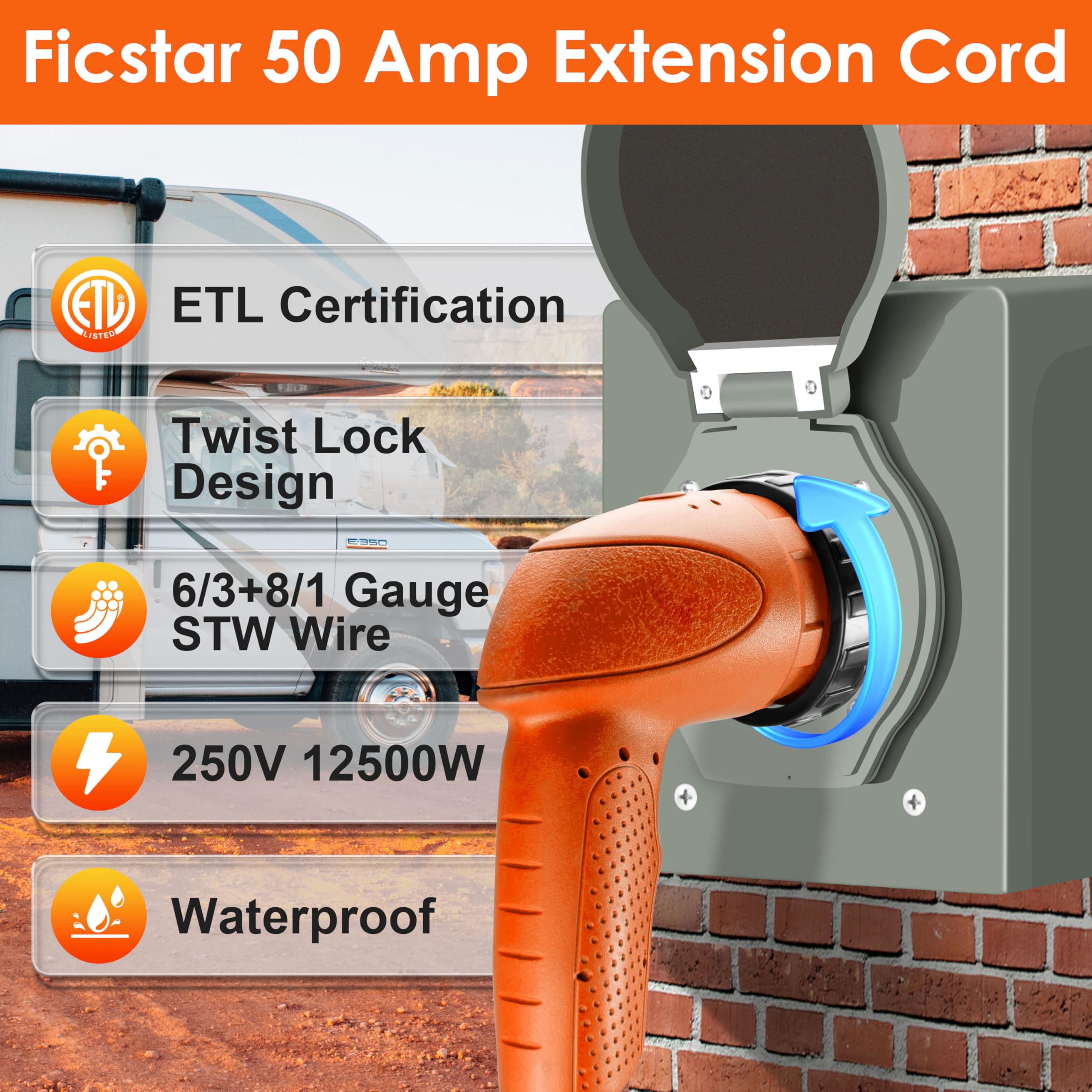Ficstar 50 Amp RV Extension Cord, 50 ft Heavy Duty SJTW, NEMA 14-50P to SS2-50R, Black with Grip Handle and LED Indicator