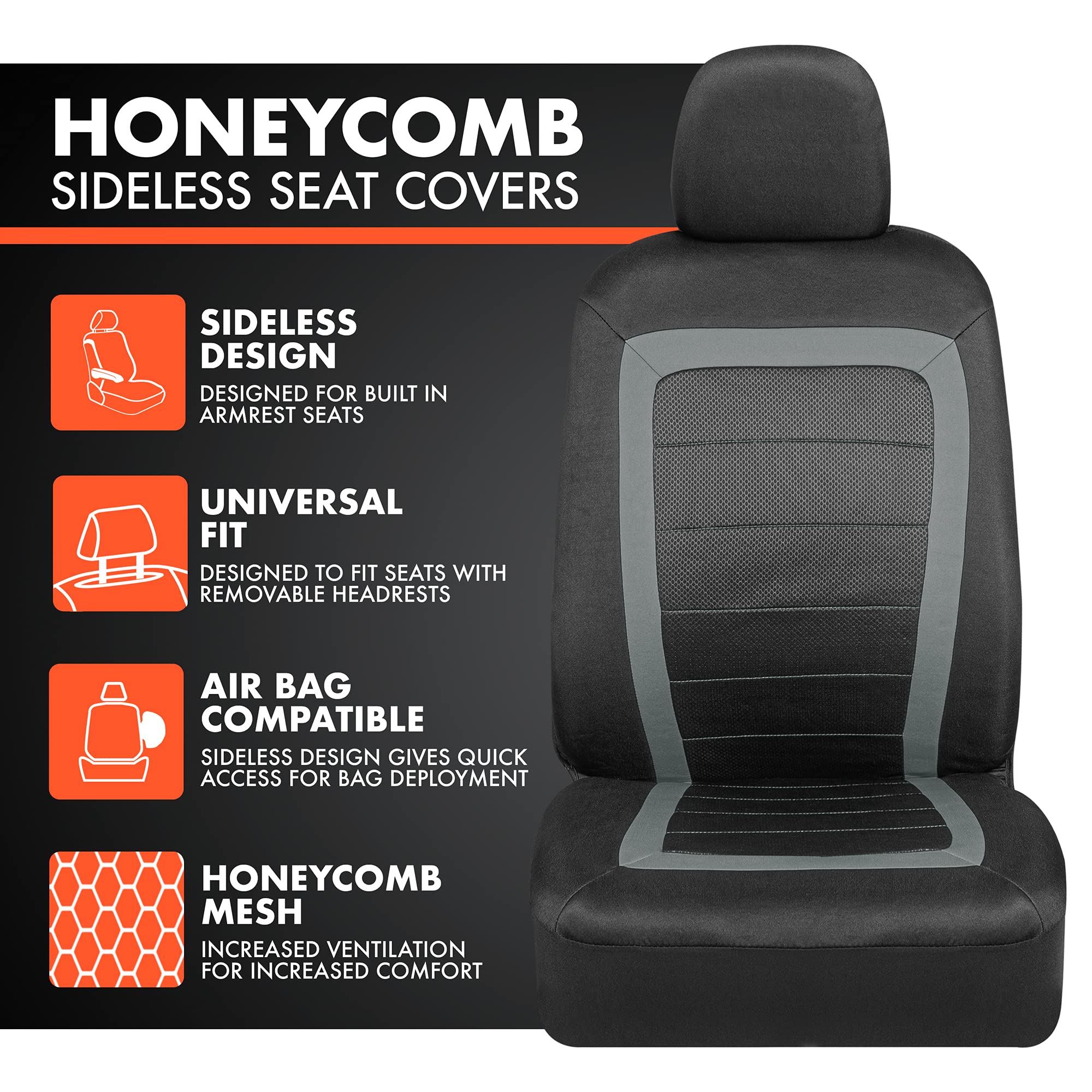 Bdk Carxs Freshmesh Car Seat Covers Full Set With Gray Accent - Mesh Front Seat Covers With Split Bench Back Seat Protector, Interior Covers For Auto Truck Van Suv