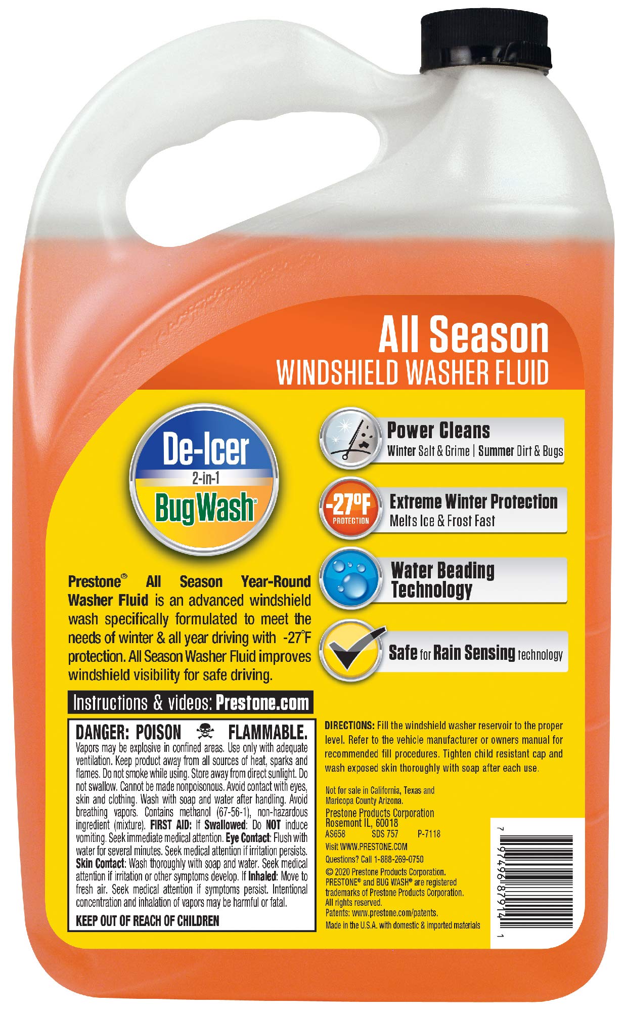 Prestone 2-in-1 Windshield Washer Fluid, 1 Gallon, AS658, Orange
