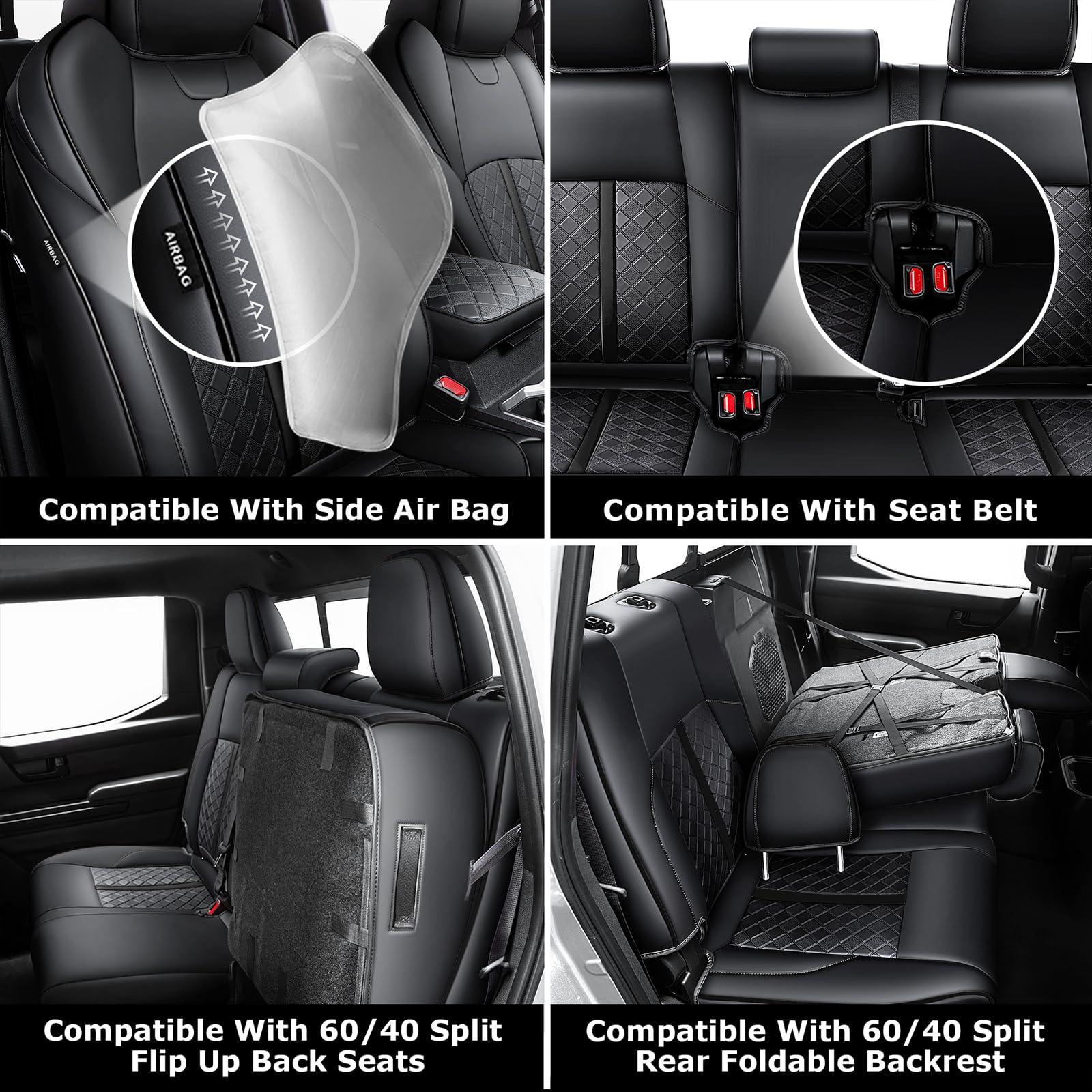 Carlimeki Leather Seat Covers for Tacoma 4th Gen (2024-2026) Double Cab, Faux Leather, Black-Black, Includes Armrest Covers