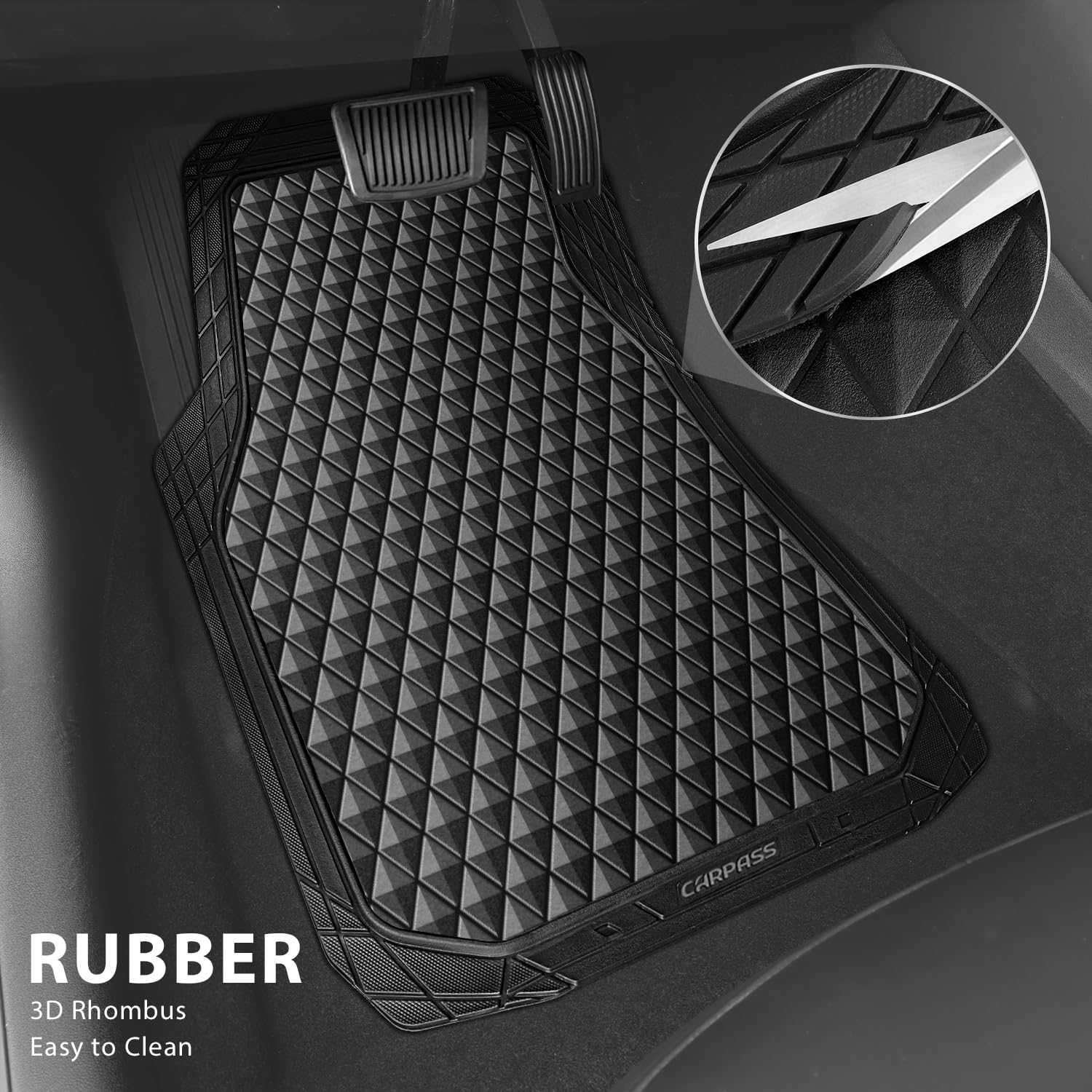 CAR PASS Black Rubber Car Mats, All-Weather Floor Mats Full Set Durable Anti-Slip 3D Rhombus Waterproof Automotive Pad Trim to F