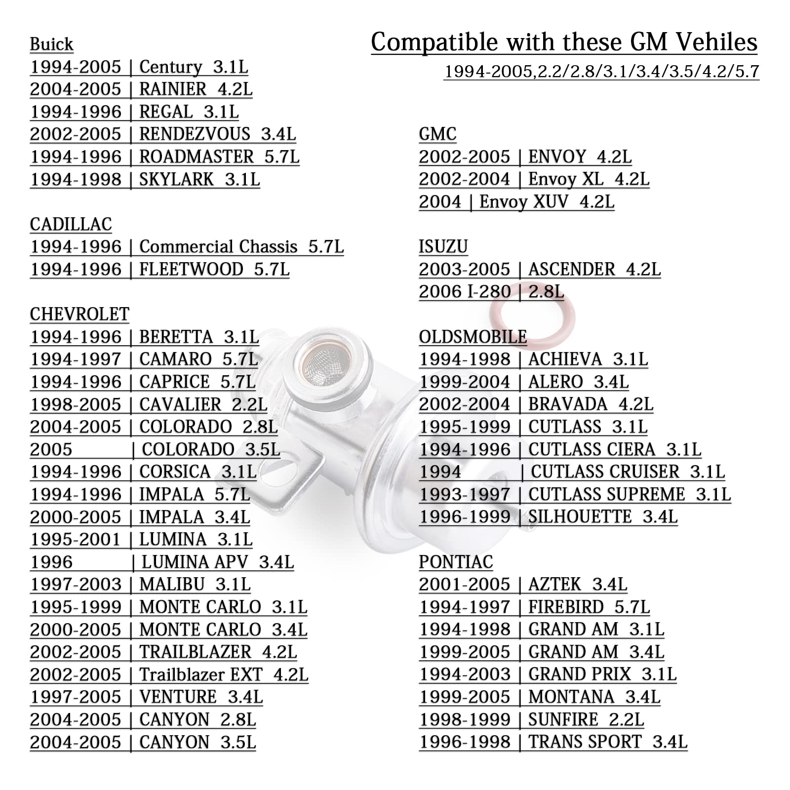 Fuel Injection Pressure Regulator 1994-2005,2.2/2.8/3.1/3.4/3.5/4.2/5.7 Compatible With Gm,Chevy Trailblazer/Camaro,Buick Regal,