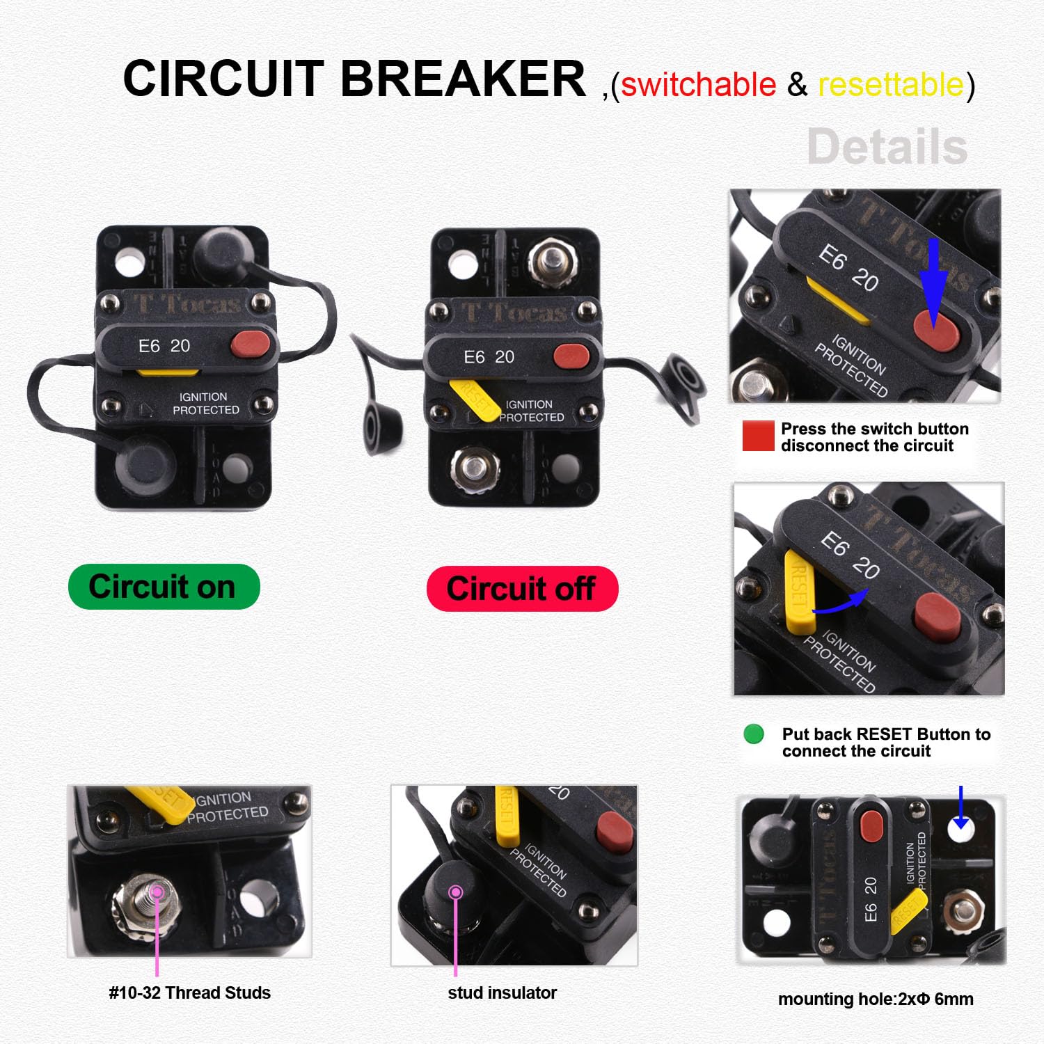 T Tocas Circuit Breaker 15A Amp E69 For Marine Truck Boat Rv Automotive Mid Range Mini T3 Manual Reset Switchable Compact Medium